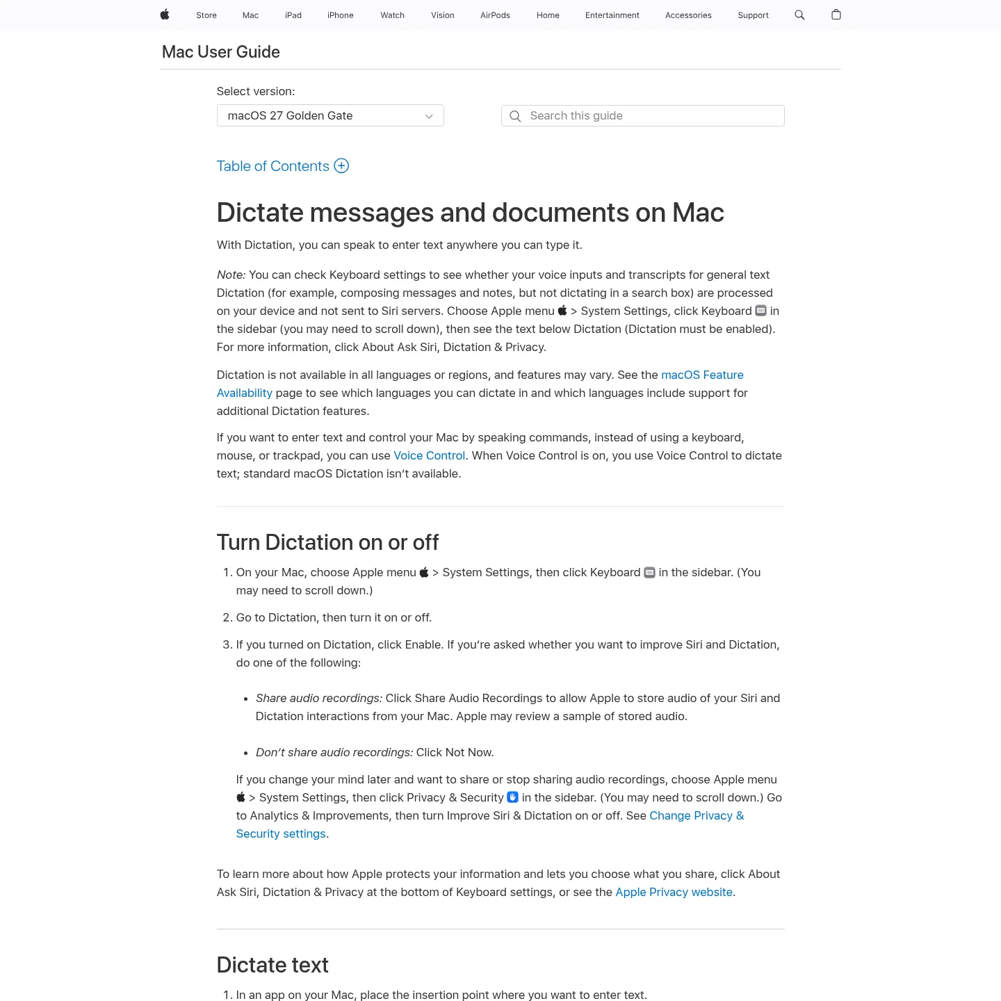 Macで音声入力を有効にして使う方法を説明したAppleのガイド
