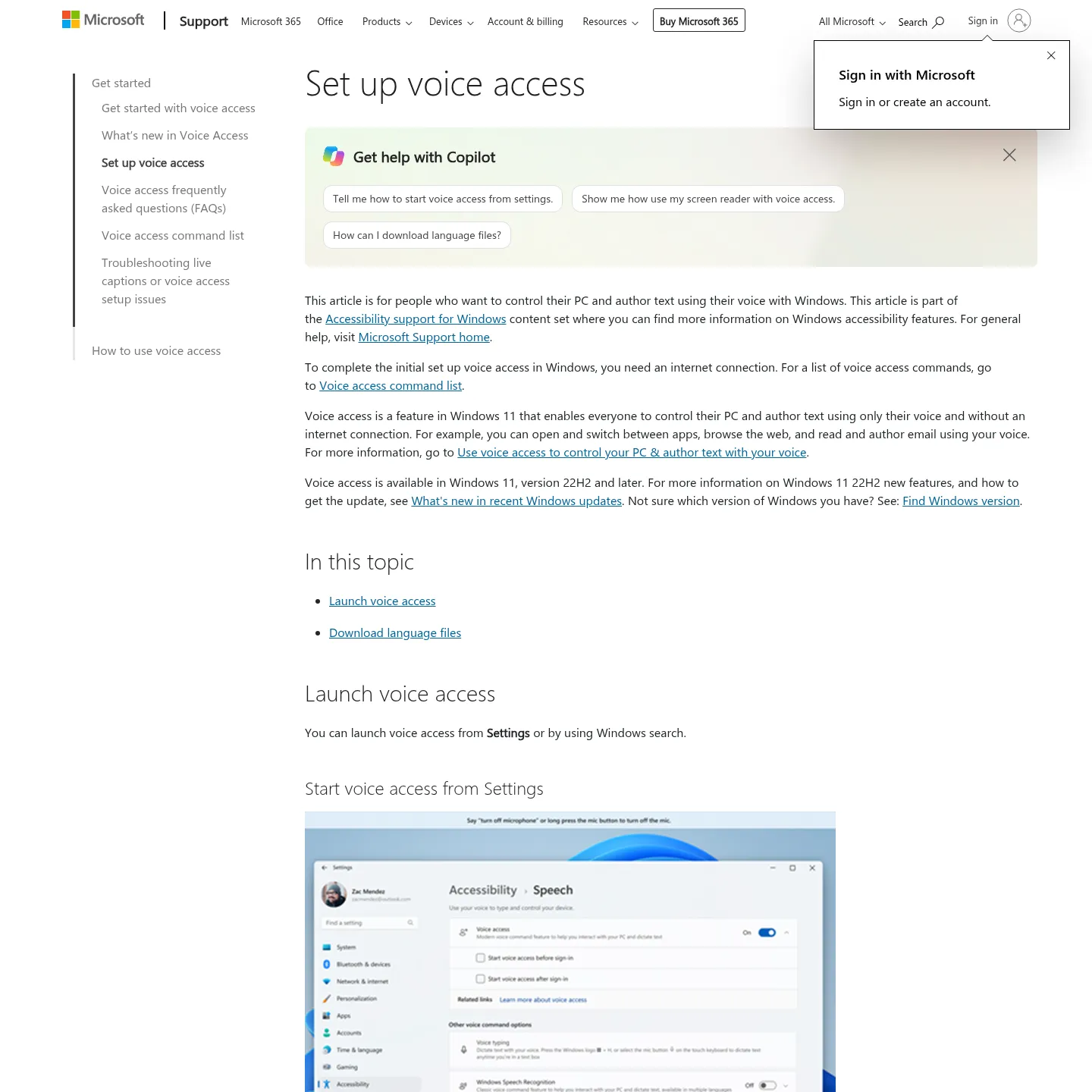 Windowsのアクセシビリティ設定を示すMicrosoftのVoice Accessセットアップページ
