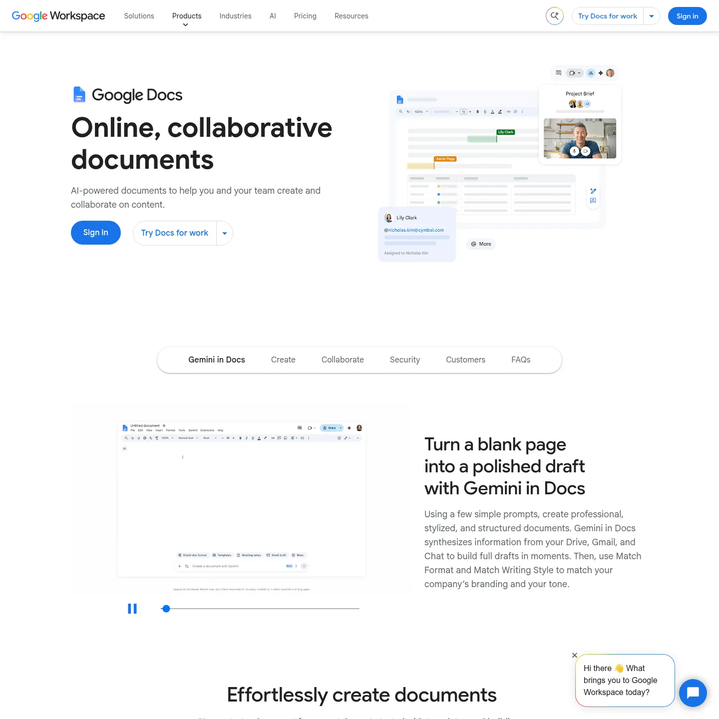 文書編集画面を紹介するGoogle Docsの製品ページ