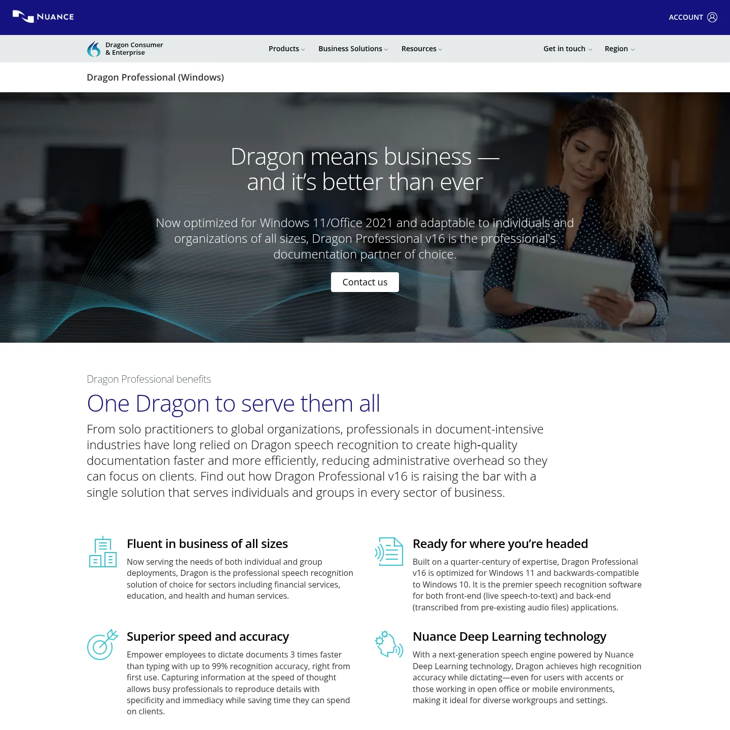 Windowsでの文書作成業務を説明するNuanceのDragon Professional製品ページ