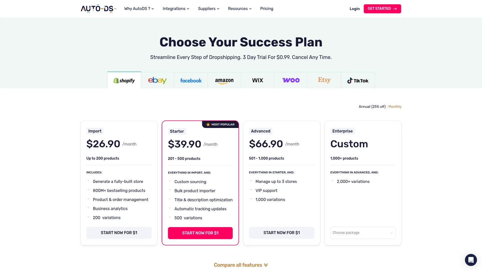 AutoDS pricing page showing Shopify dropshipping automation plans