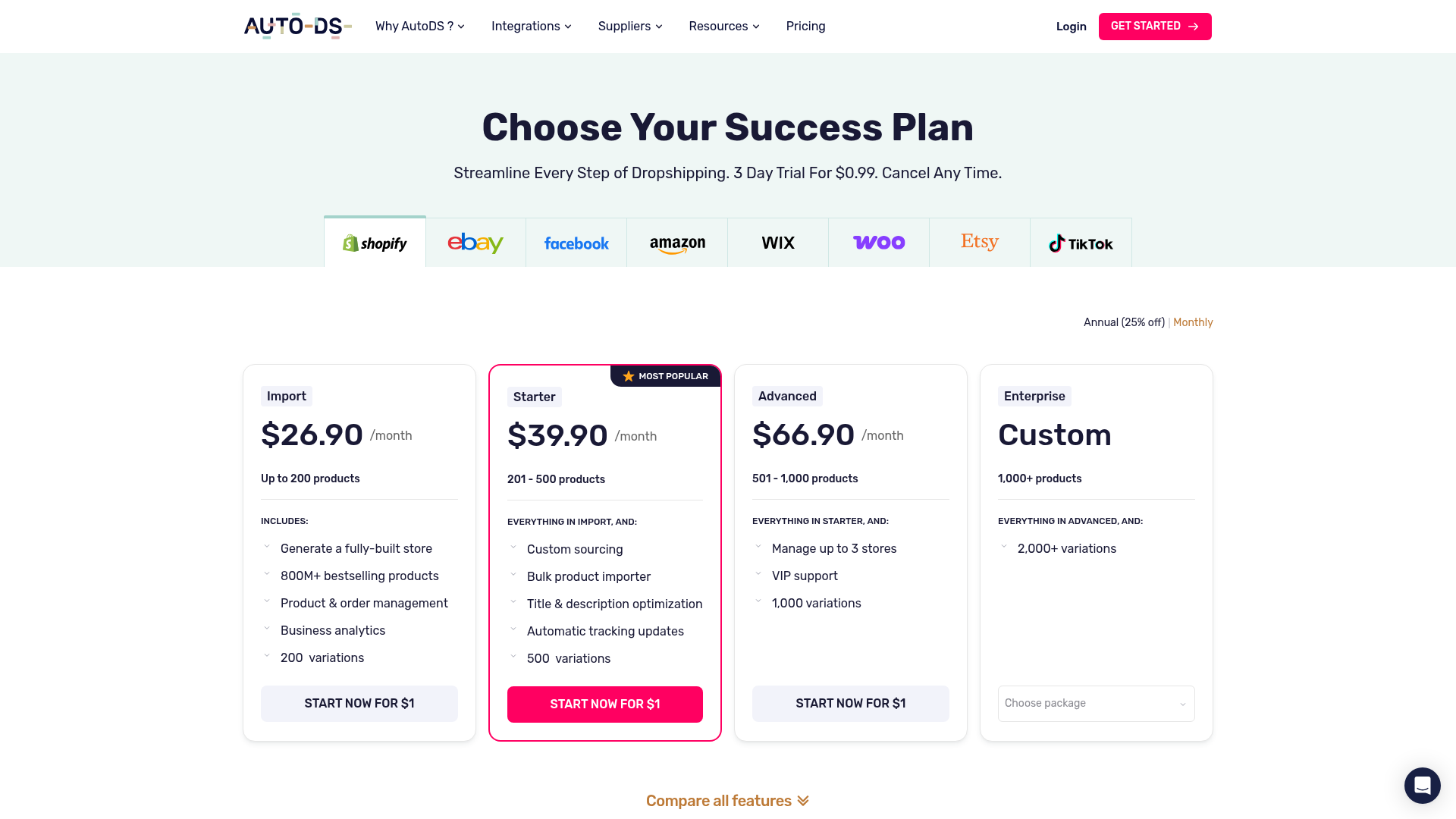 AutoDS-Preisseite mit Tarifen für die Shopify-Dropshipping-Automatisierung