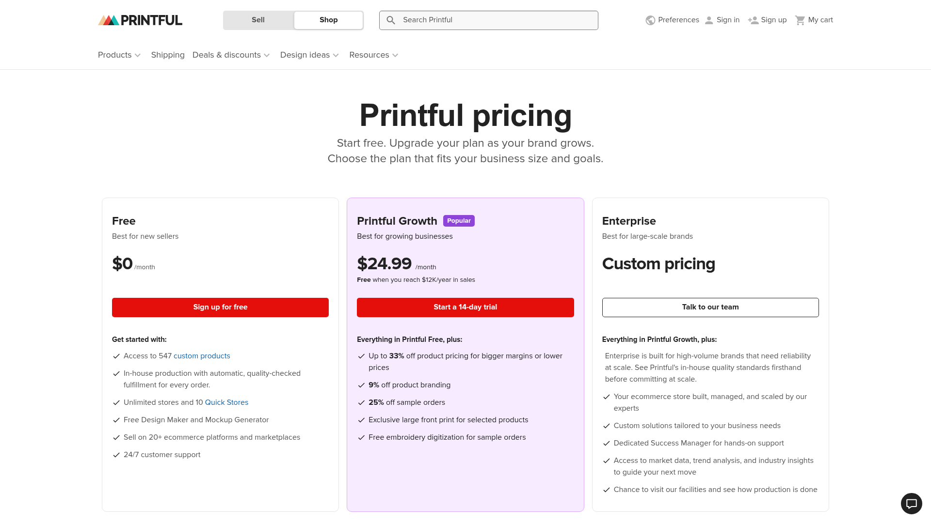 Printful-Preisseite mit Free- und Growth-Tarifen für Print-on-Demand