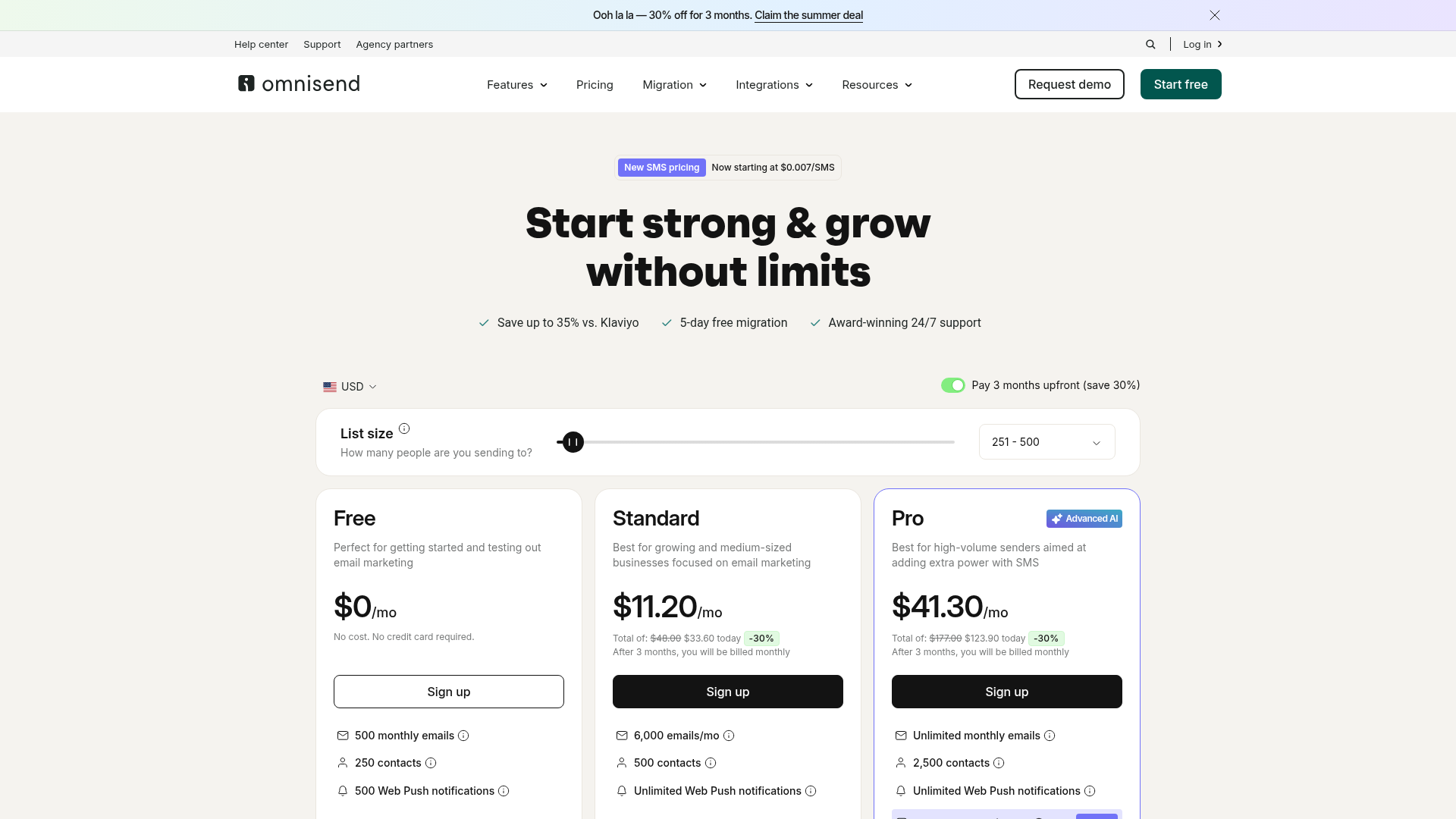 Omnisend pricing page showing email and SMS plans