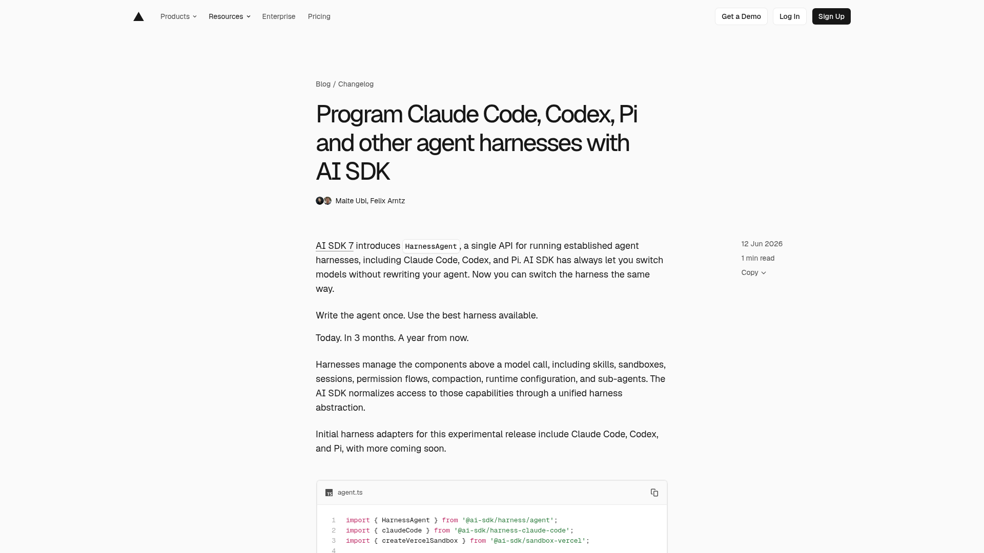 Vercel AI SDK HarnessAgent launch page showing a unified API for coding agent runtimes