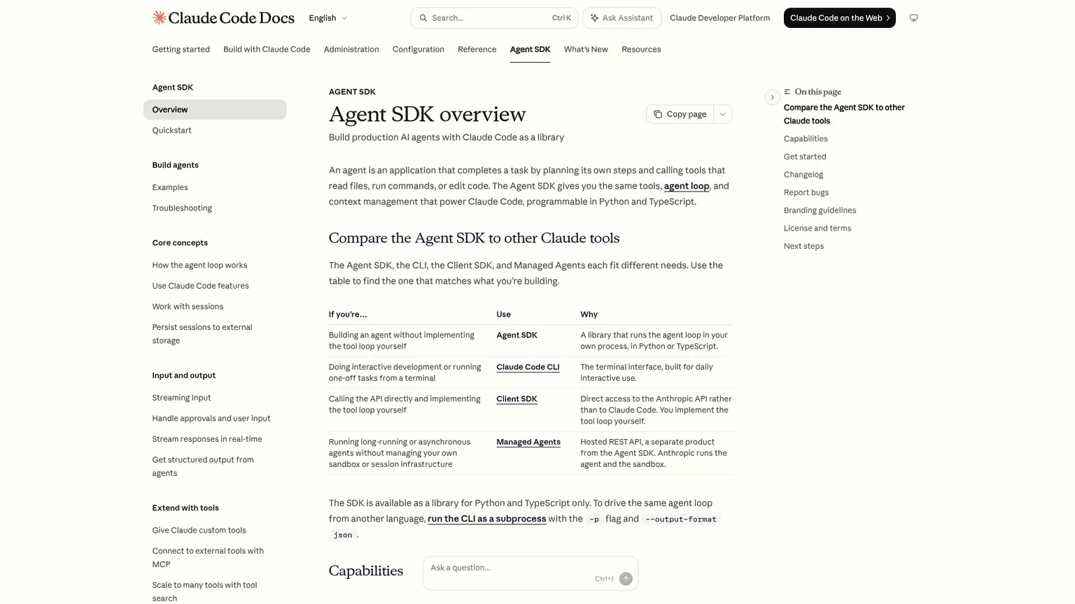 Übersicht zum Claude Agent SDK mit Dokumentation der Claude Code Agentenschleife und integrierten Tools