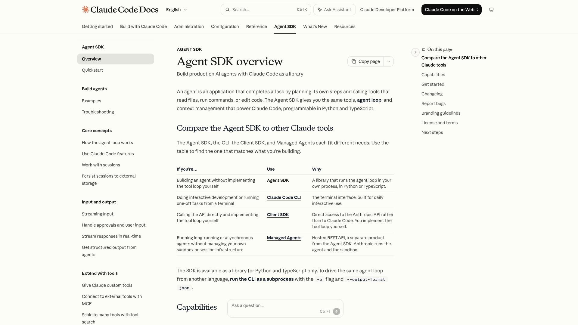 Claude Agent SDK overview documenting the Claude Code agent loop and built-in tools