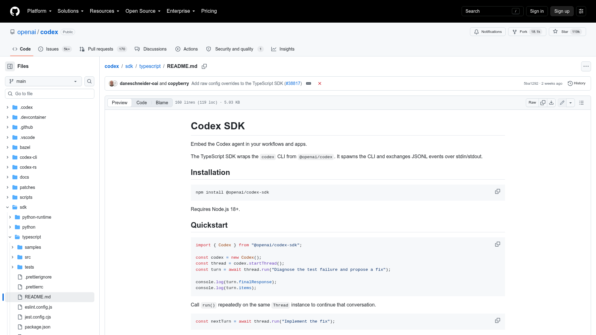 OpenAI Codex TypeScript SDK README showing embedded threads, streaming, and structured output