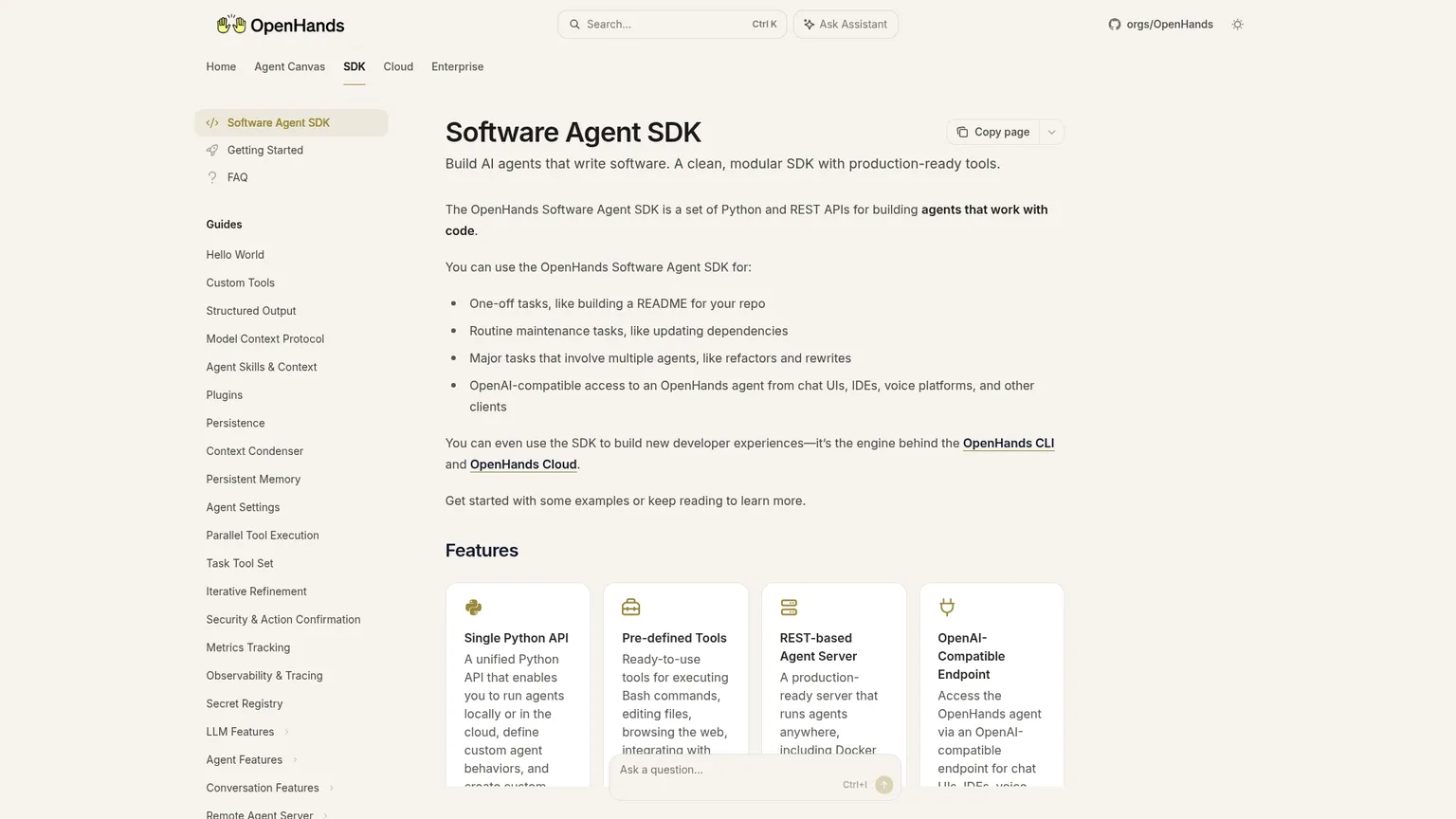 Dokumentation des OpenHands Software Agent SDK mit Details zu Python, REST, Tools und Remote-Agent-Servern