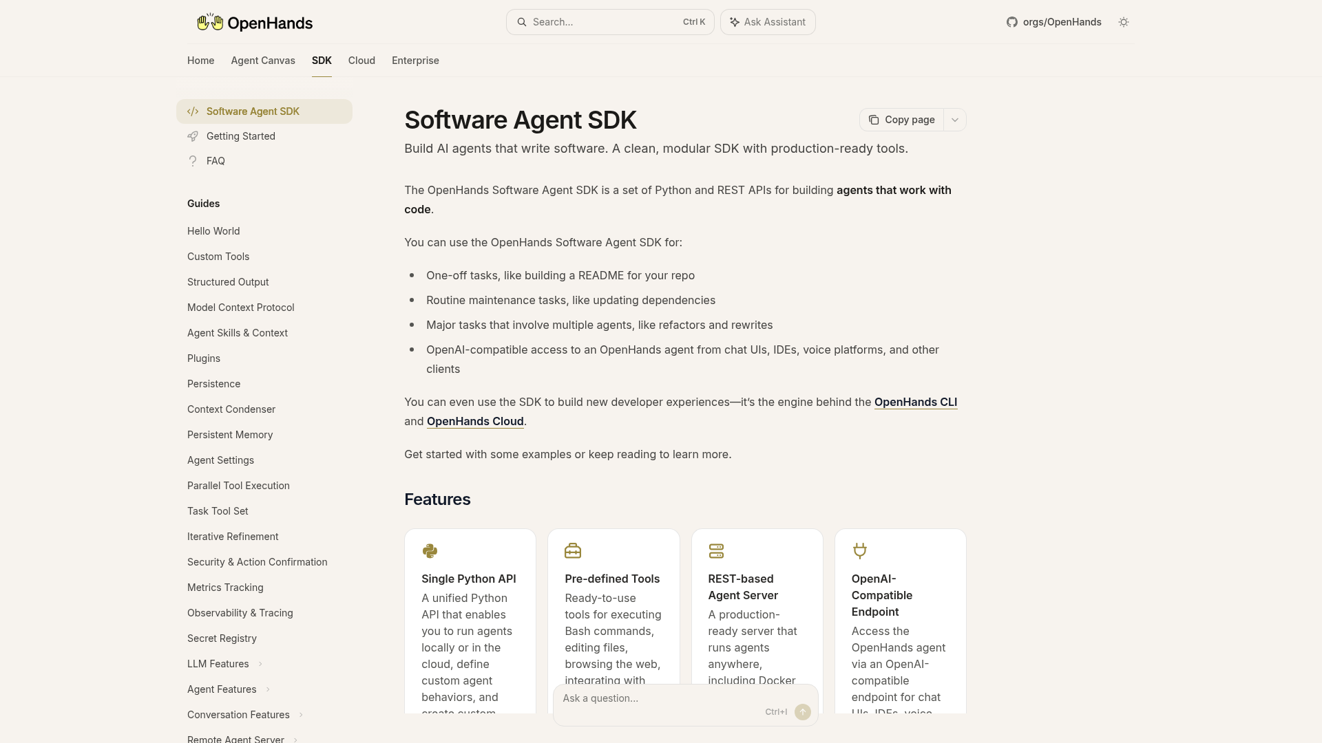 OpenHands Software Agent SDK documentation showing Python, REST, tools, and remote Agent Server features
