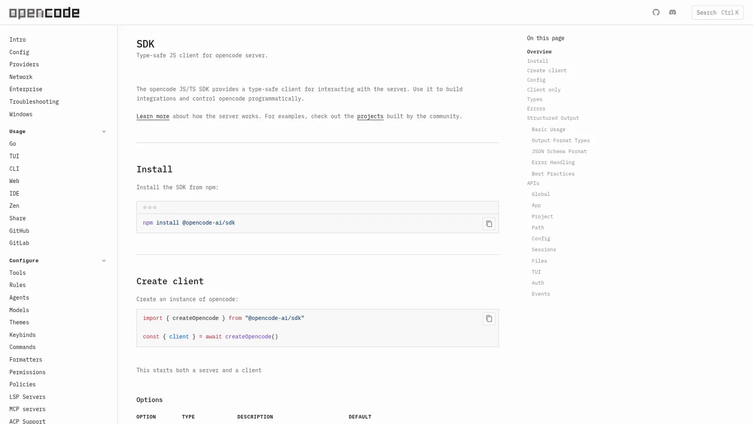 Dokumentation des OpenCode SDK mit Details zum typsicheren JavaScript-Client und lokalen Serveroptionen