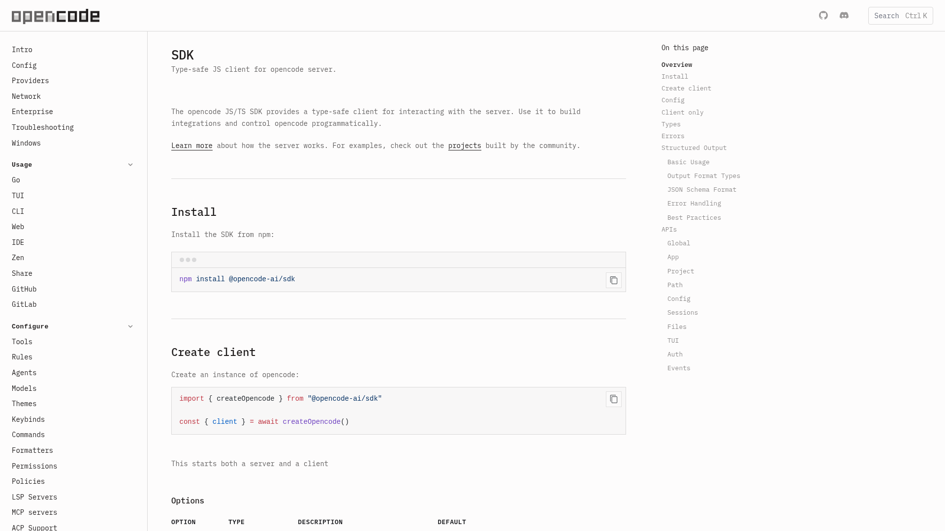 OpenCode SDK documentation showing the type-safe JavaScript client and local server options
