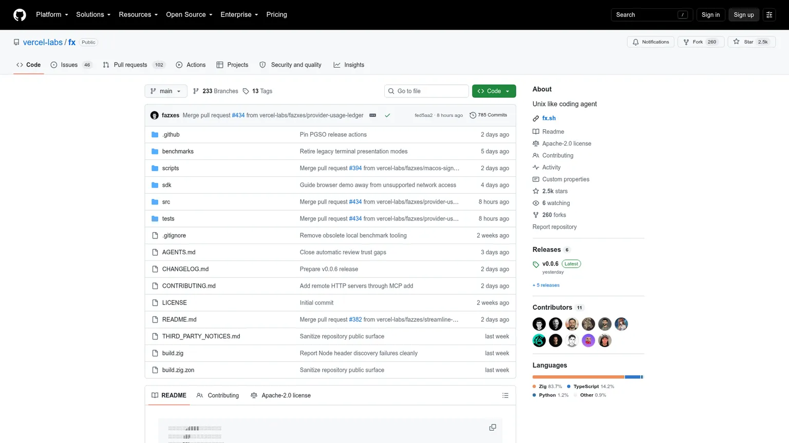 Vercel Labs fx Repository mit Beschreibung eines kompakten, quelloffenen und nativ einbettbaren Coding-Agenten