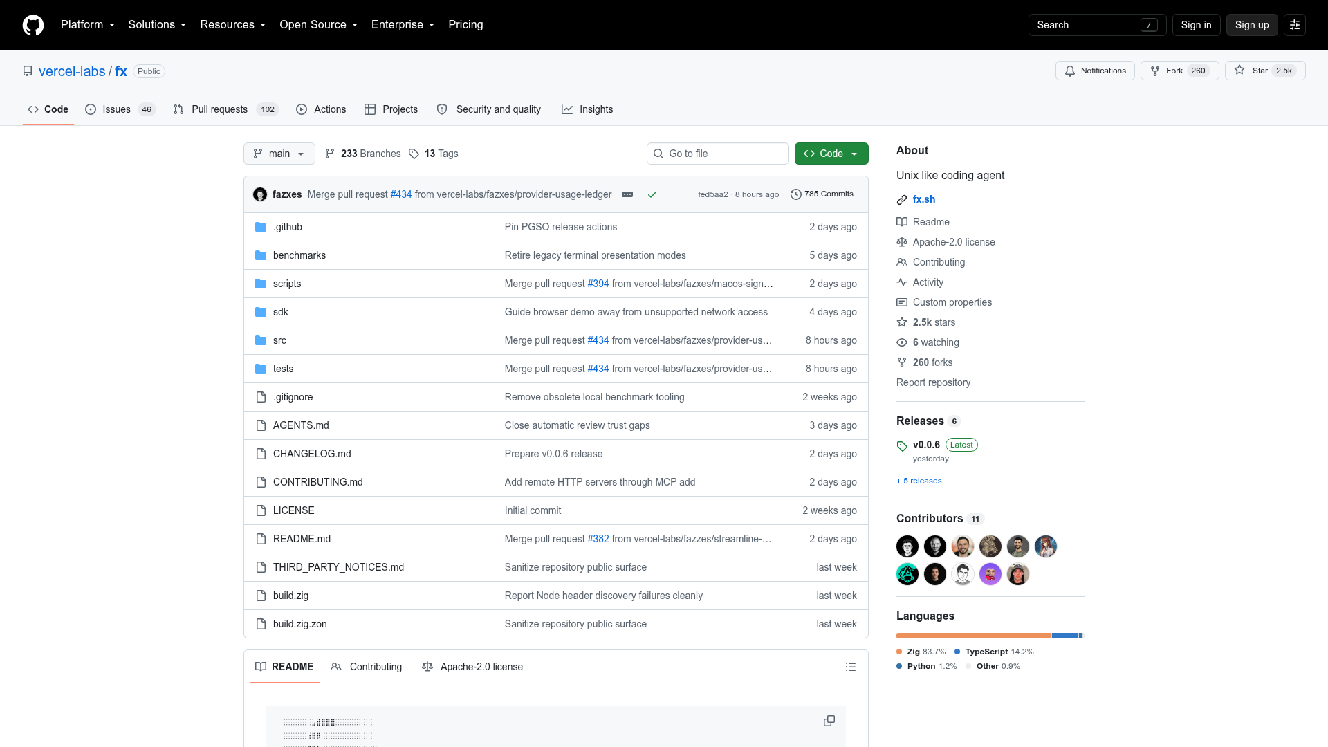 Vercel Labs fx repository describing a tiny open embeddable native coding agent