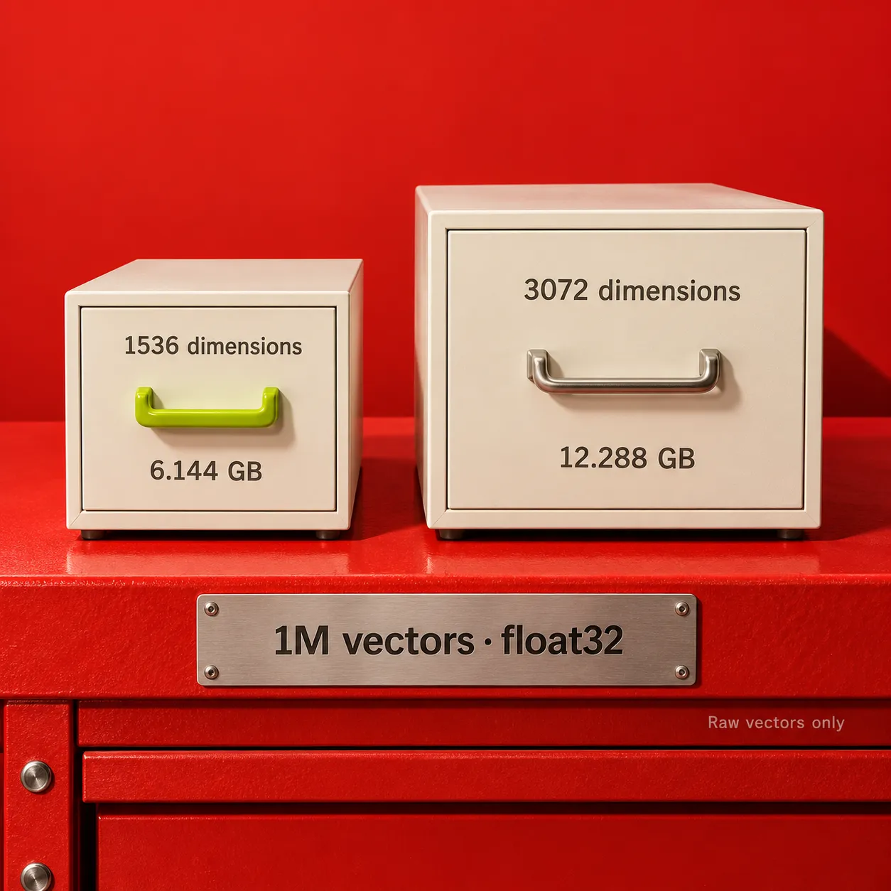 Raw storage comparison for one million float32 vectors: 1536 dimensions use 6.144 GB and 3072 use 12.288 GB