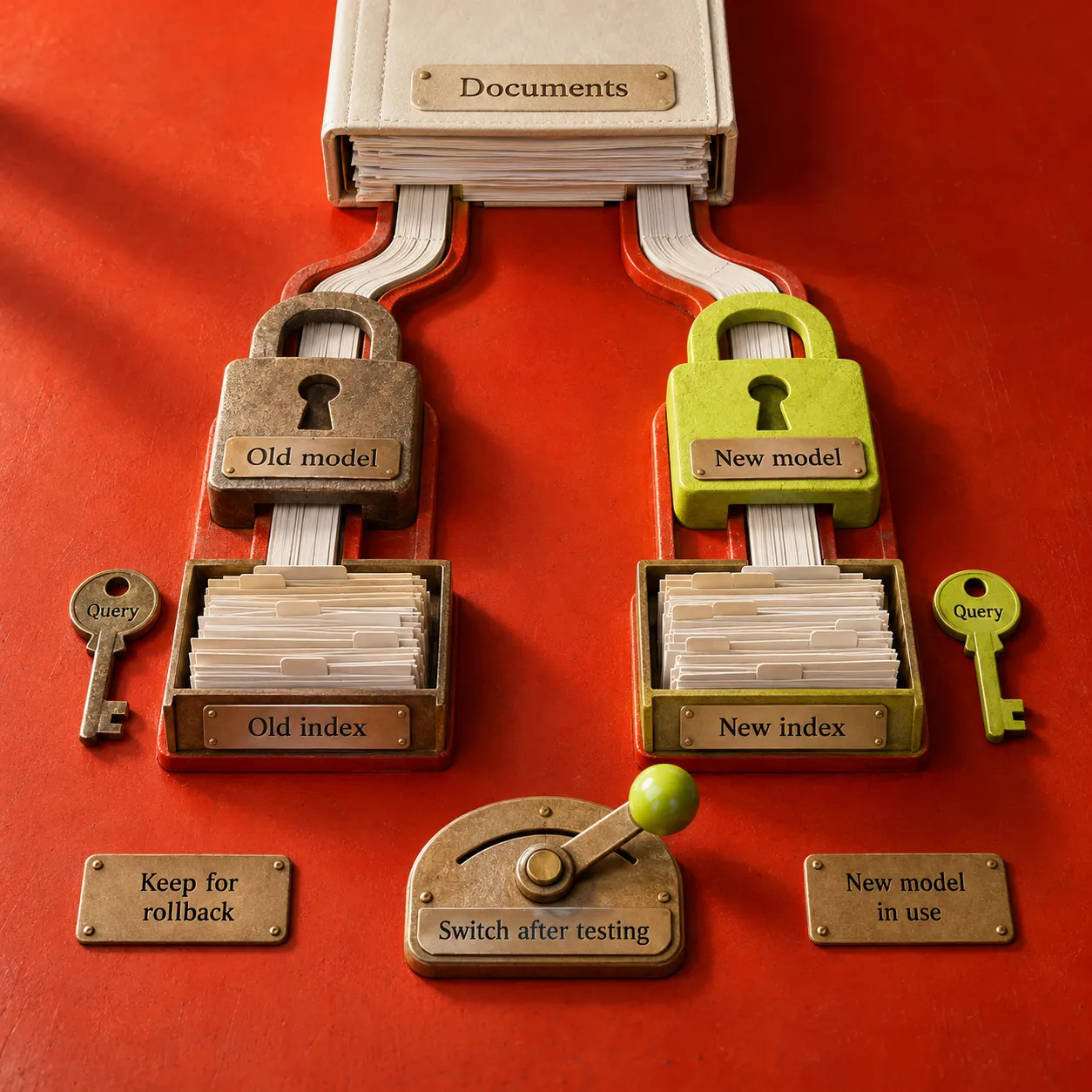 Source documents feed separate old and new embedding models and indexes, with a switch after testing and an old path retained for rollback
