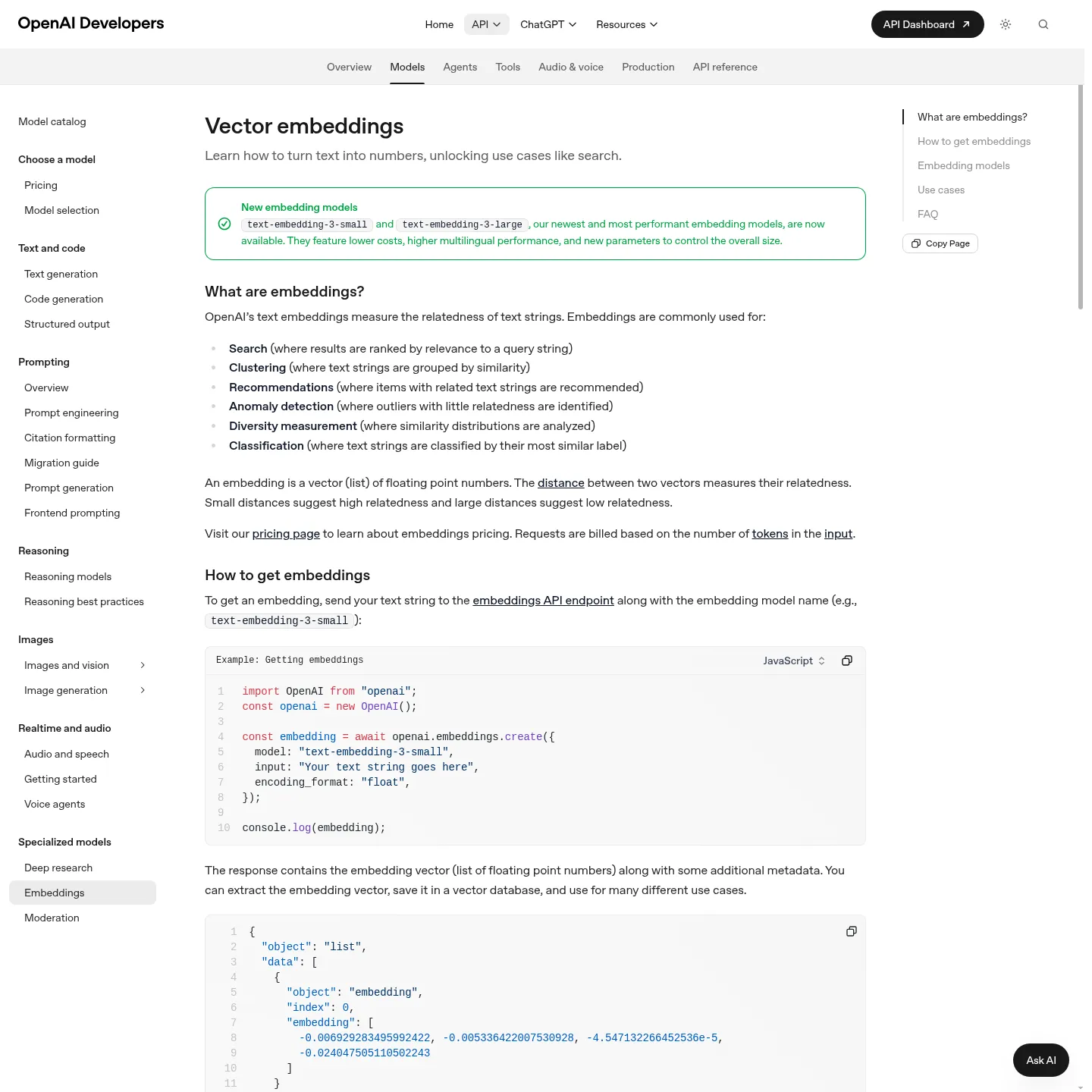 OpenAI's official vector embeddings guide showing the embedding workflow