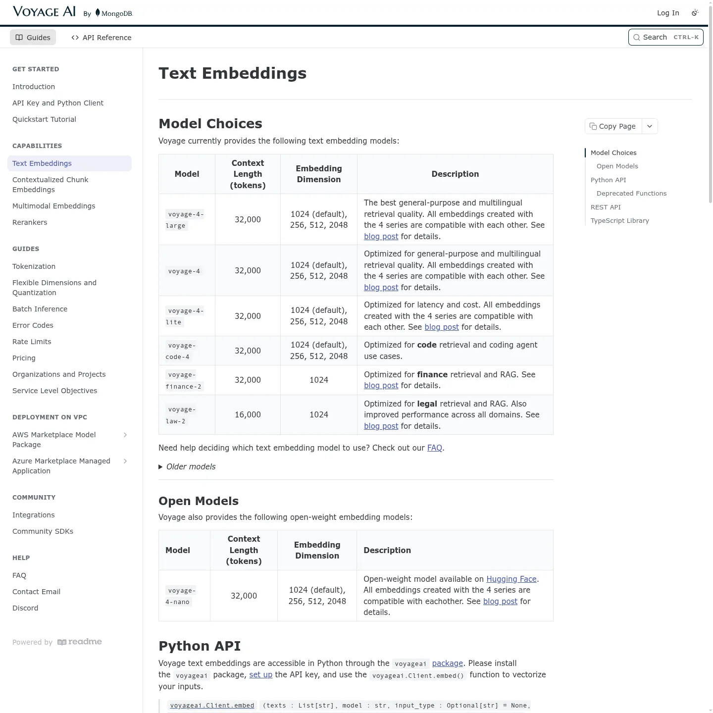 Voyage AI's current embedding model table and retrieval API documentation