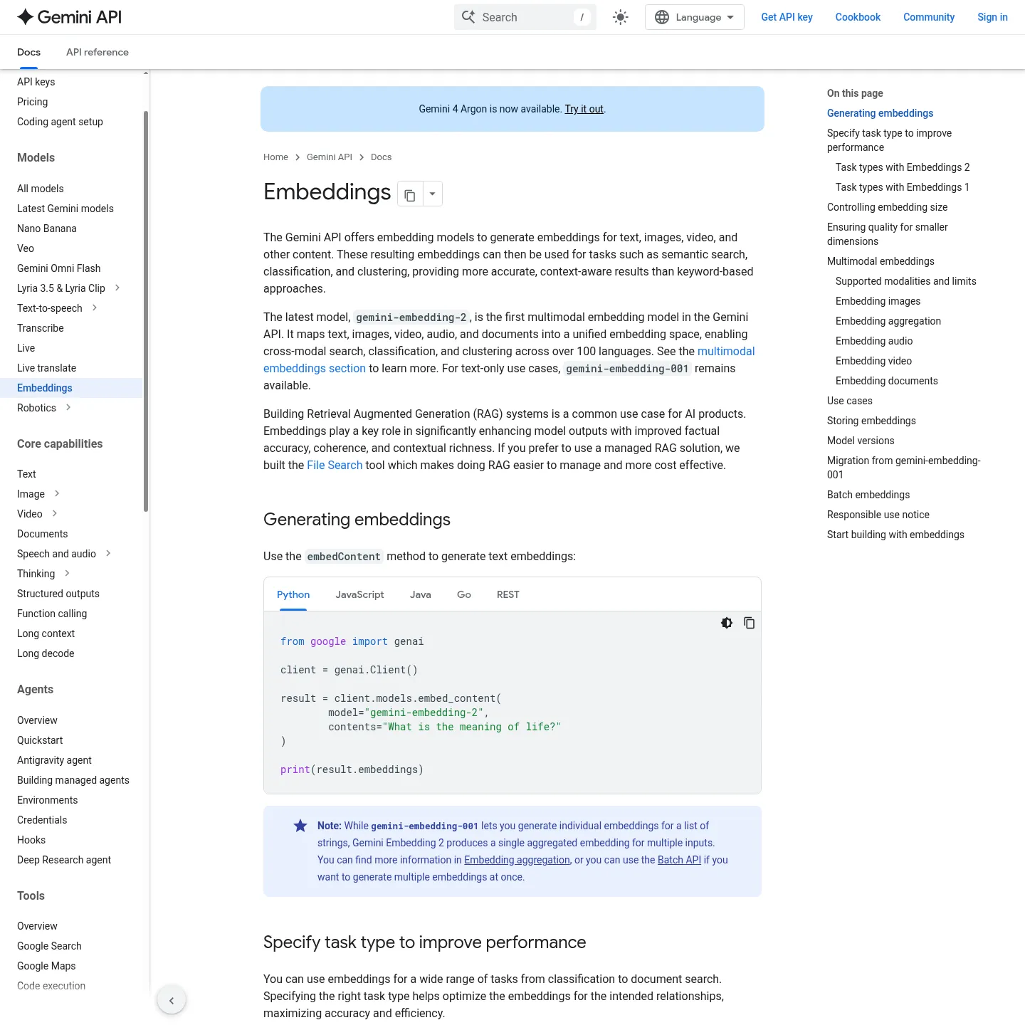 Google's Gemini embedding documentation with multimodal input examples