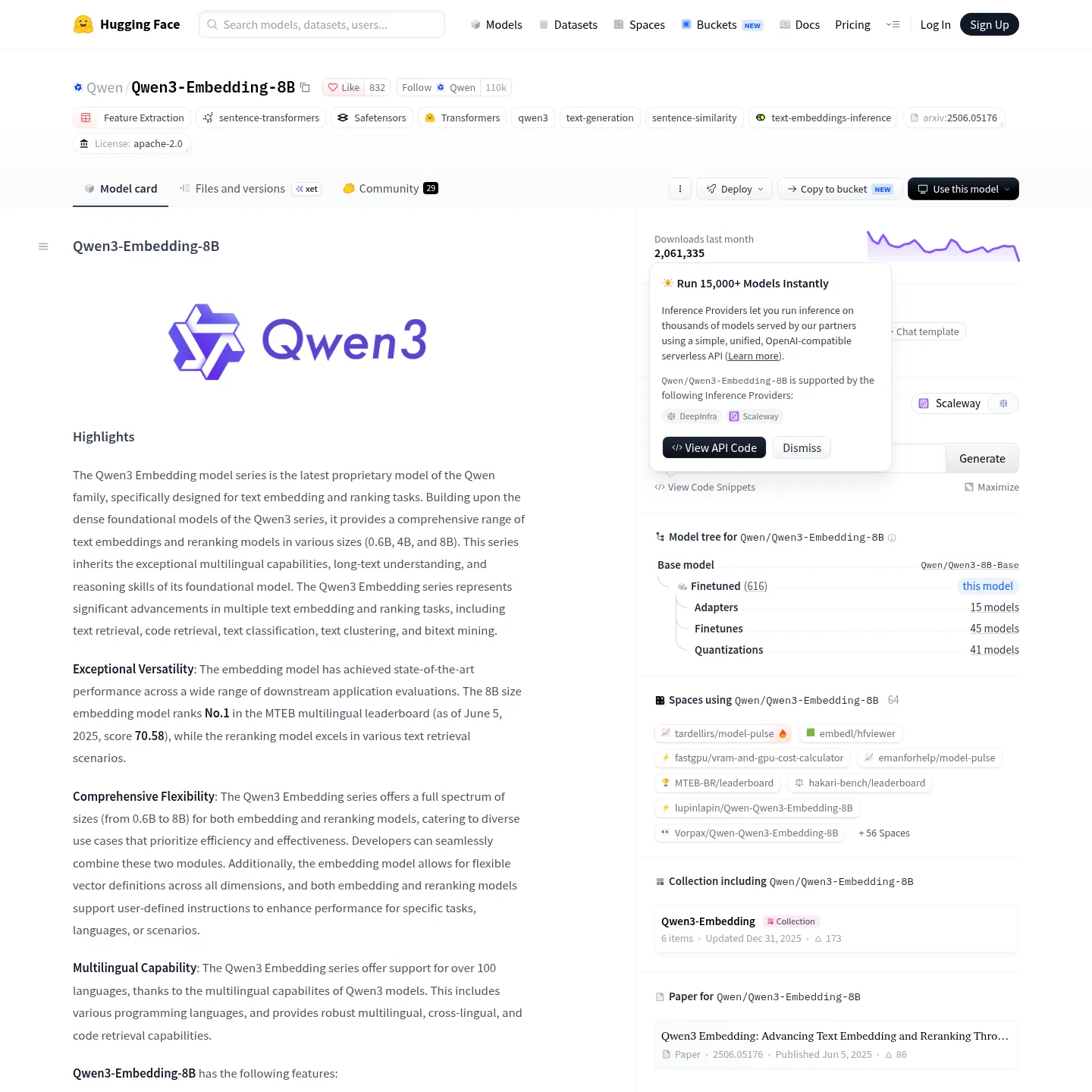 Qwen's official embedding model card with family sizes and deployment examples