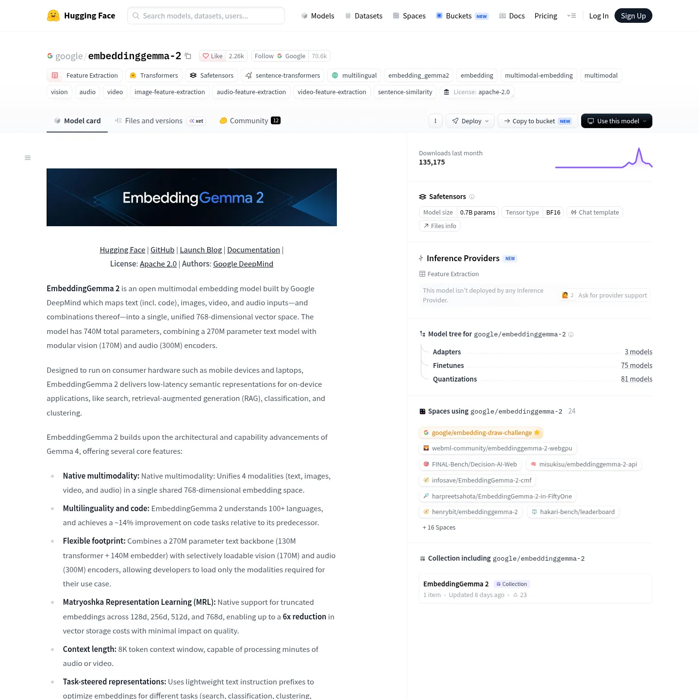 Google's EmbeddingGemma 2 model card with multimodal capabilities and Apache licence
