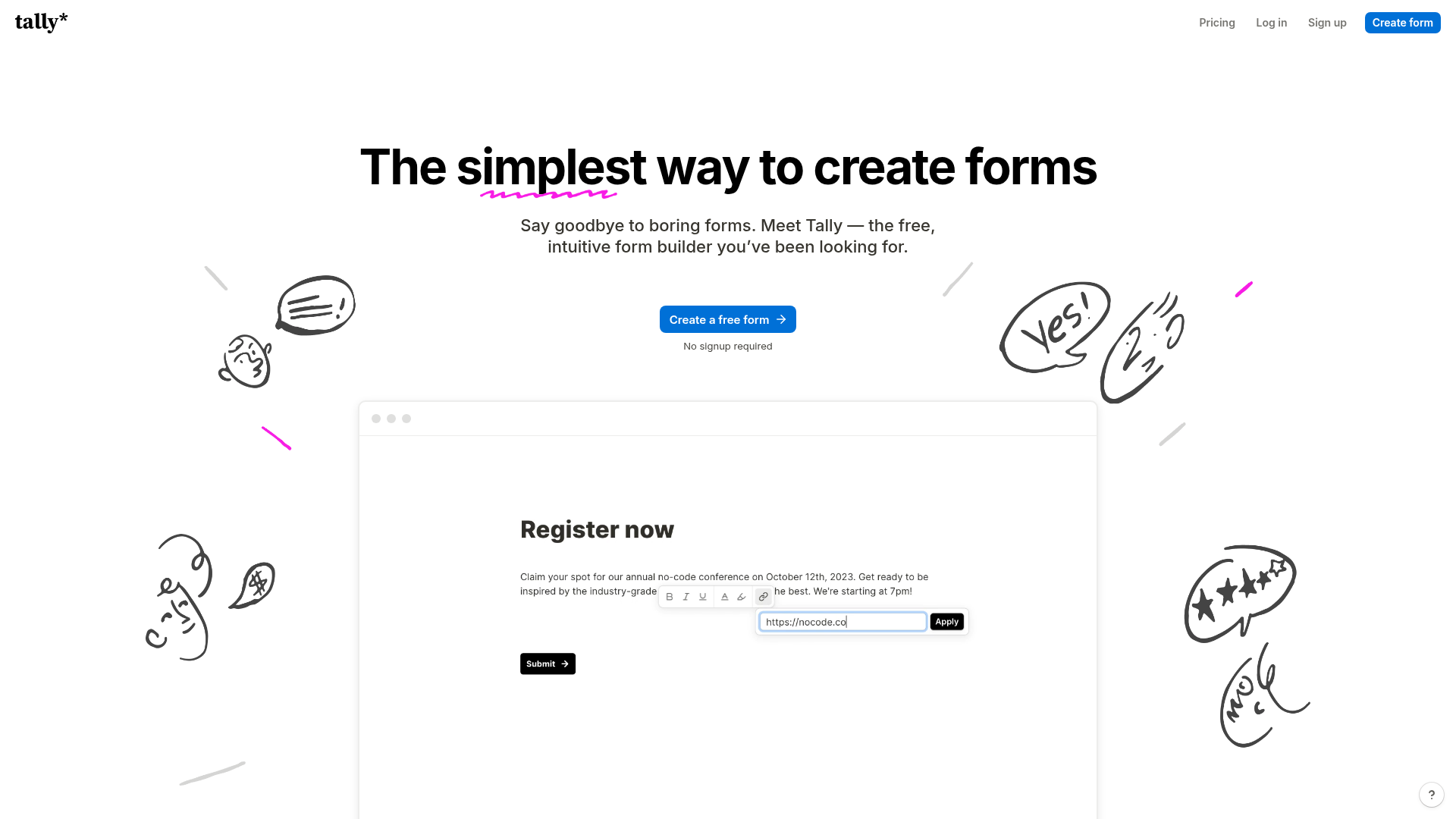 Tally form builder homepage and editor