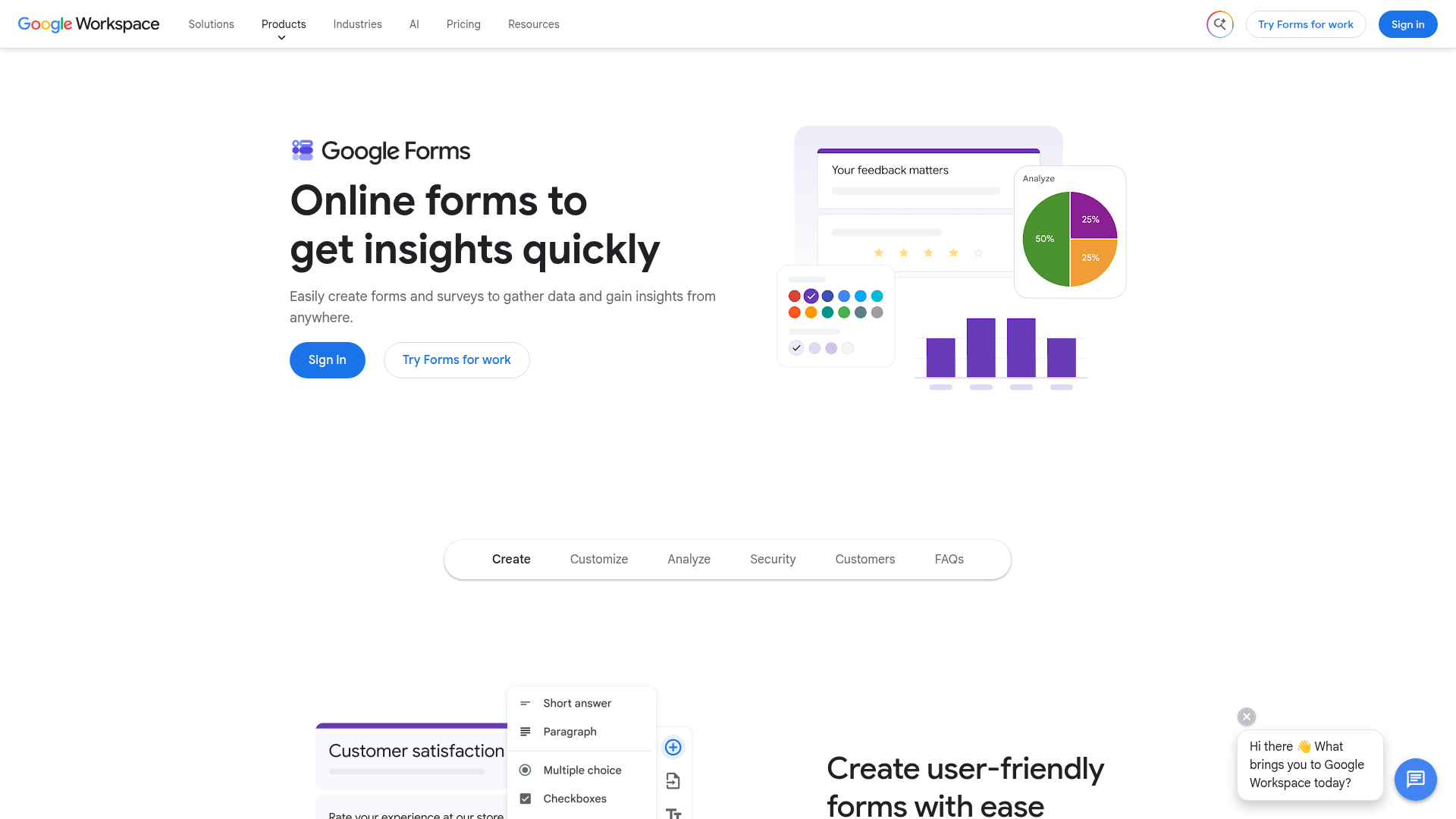 Google Forms builder with questions, themes, and response charts
