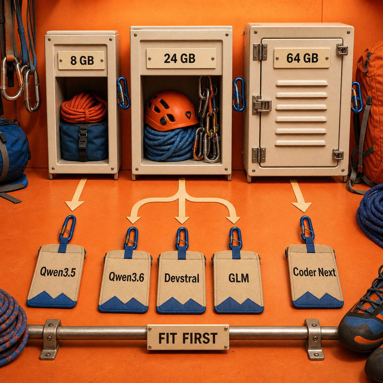 Decision flow routing 8 GB, 24 GB, and 64 GB local machines to five coding models