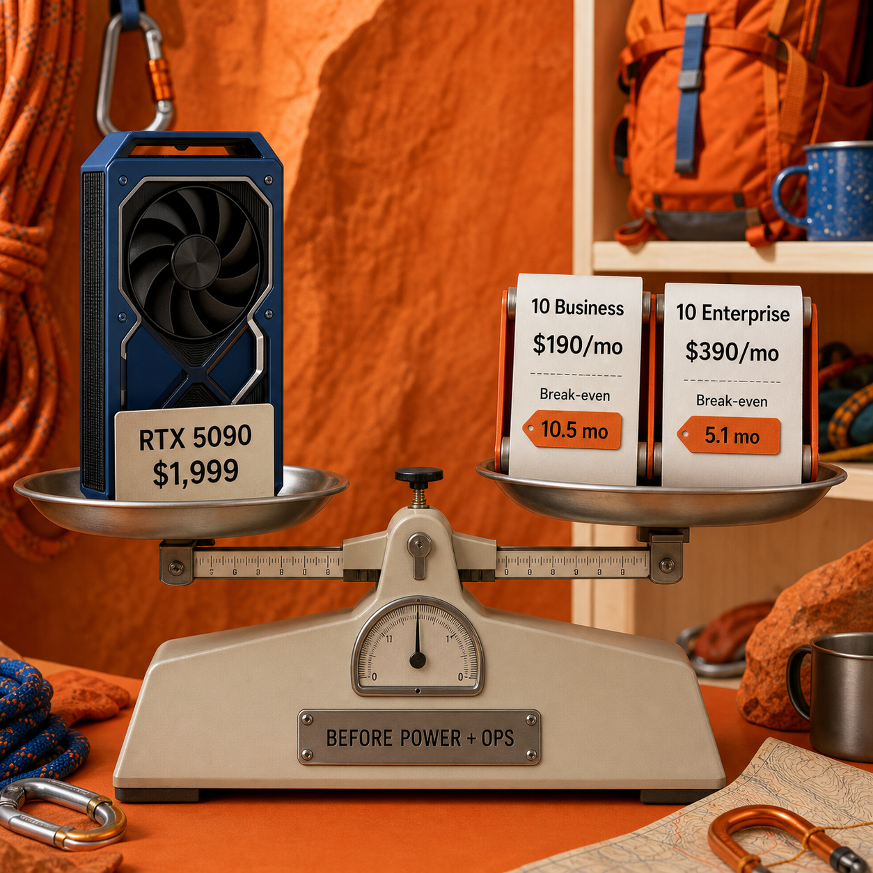 Cost comparison between a 1999 dollar RTX 5090 and ten-seat Copilot Business and Enterprise plans