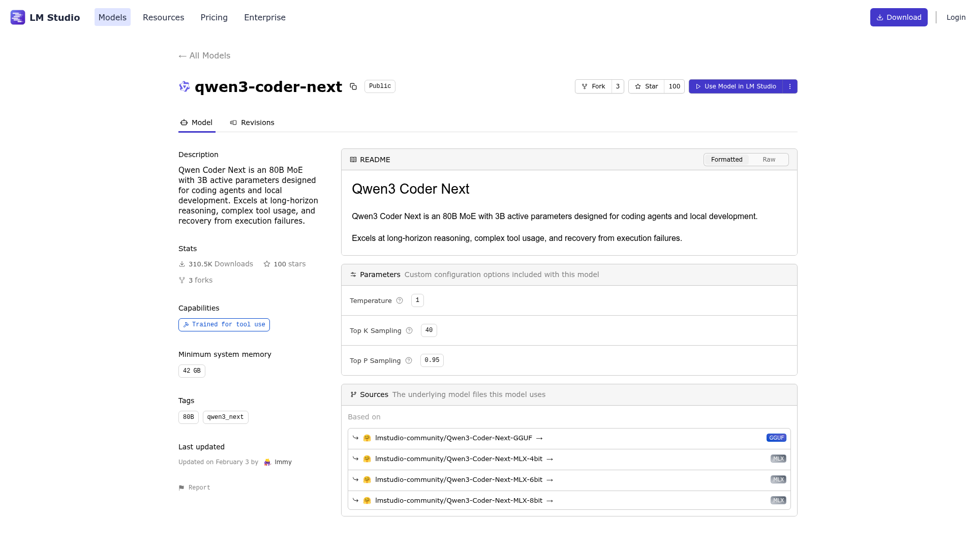 LM Studio model page for Qwen3-Coder-Next