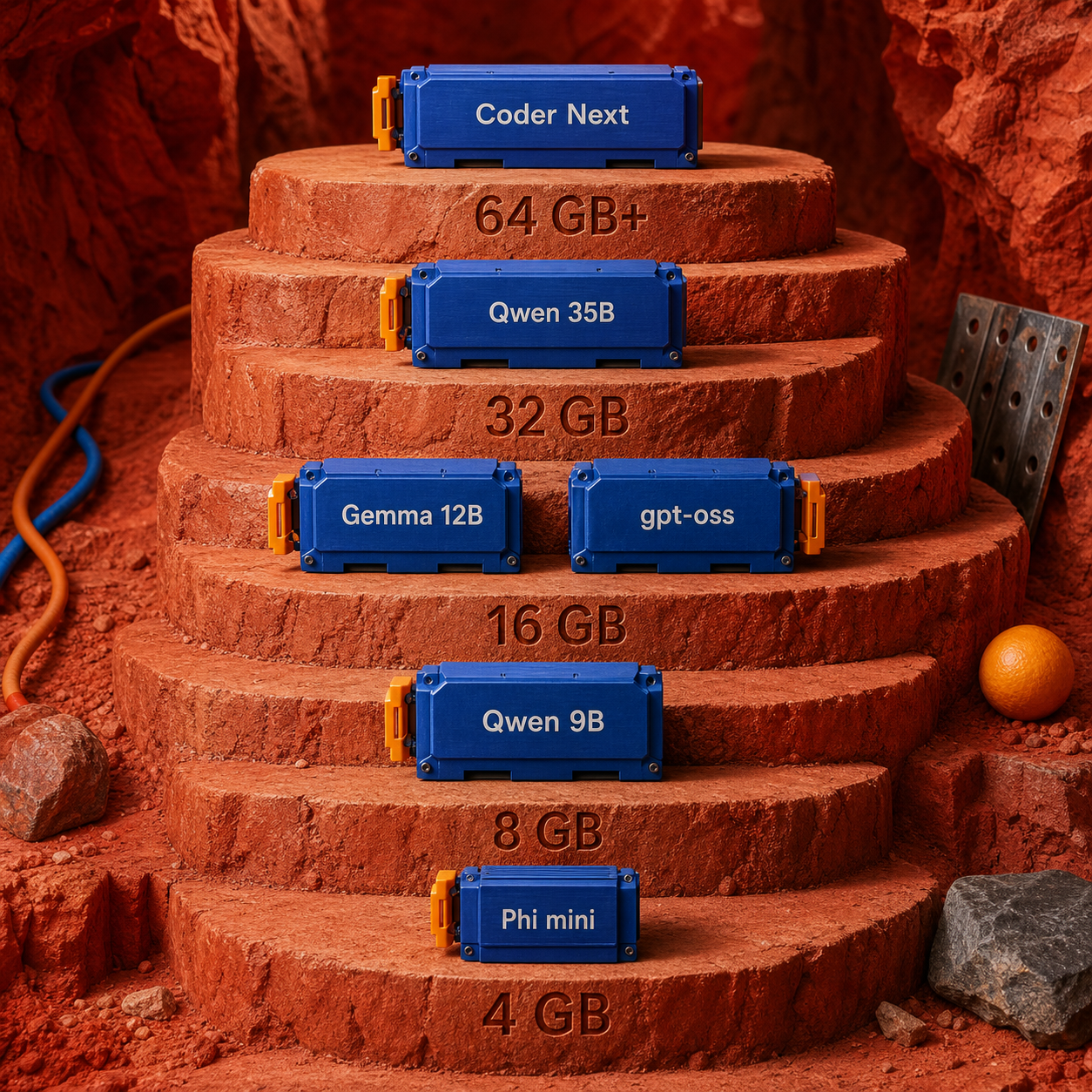 Five physical memory terraces mapping local LLMs to 4 GB, 8 GB, 16 GB, 32 GB, and 64 GB or more