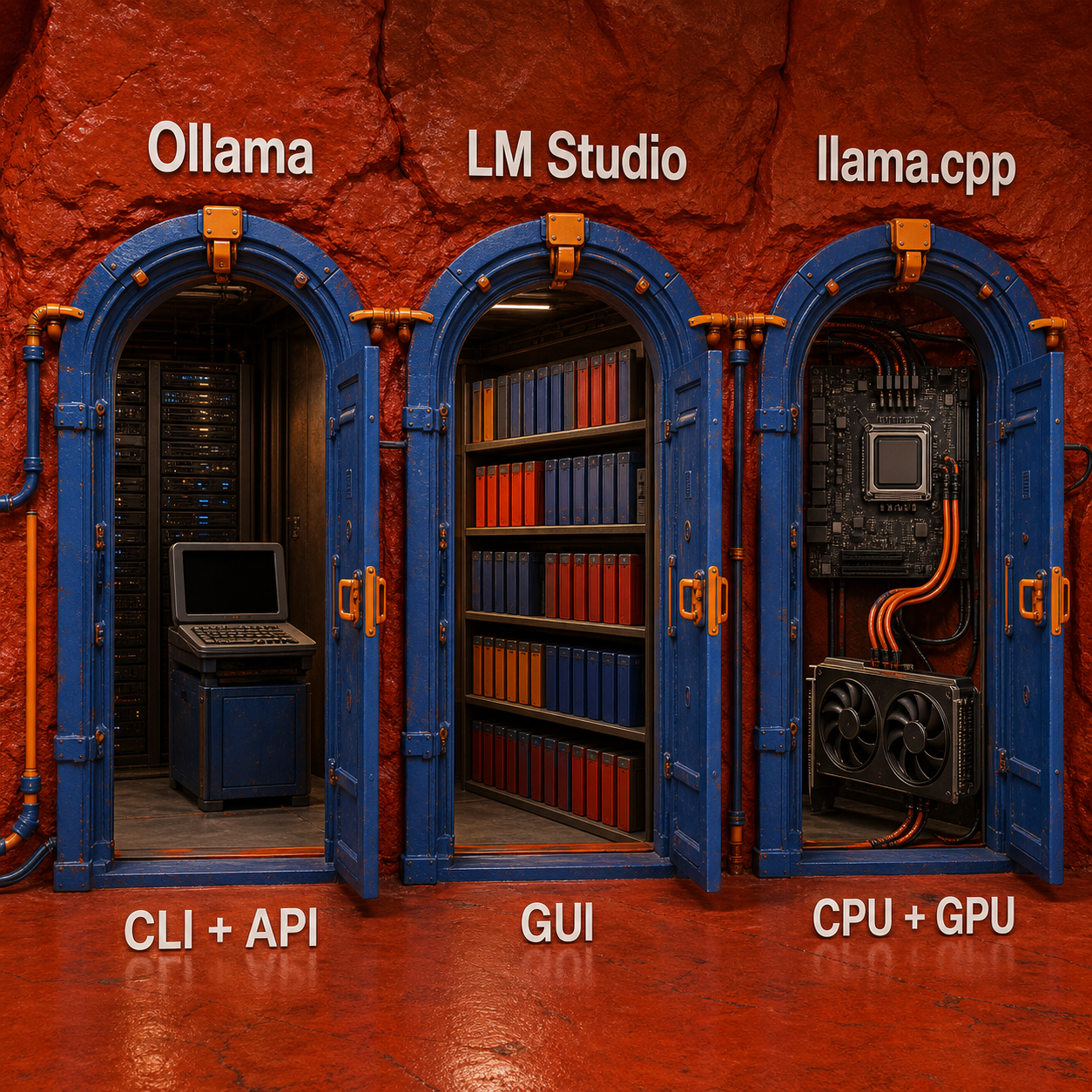 Three physical portals comparing Ollama, LM Studio, and llama.cpp by interface and control