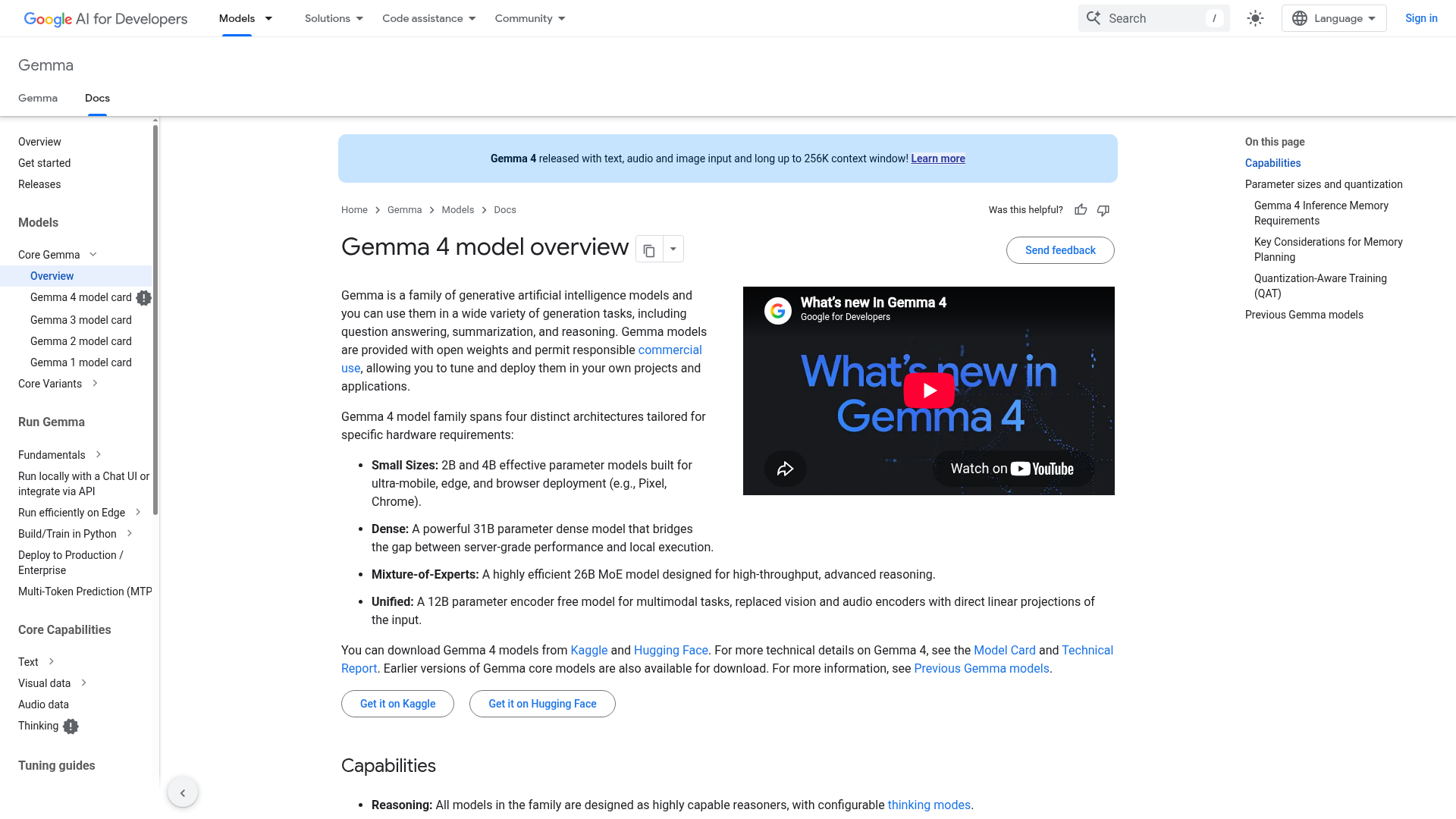 Official Google Gemma 4 model overview and memory table