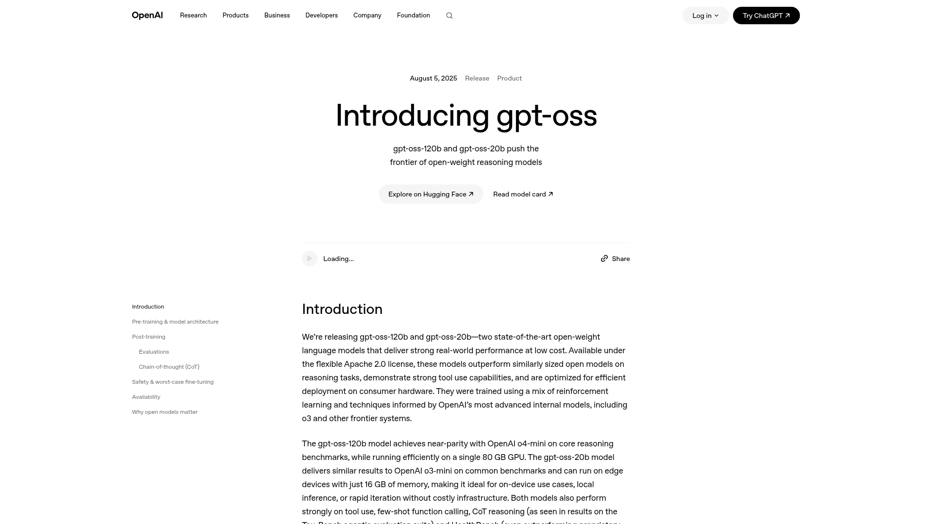 Official OpenAI introduction to gpt-oss-20b and gpt-oss-120b