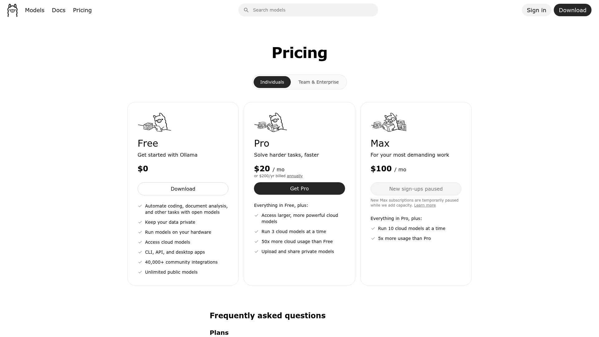 Current Ollama pricing page with Free, Pro, Max, Team, and Enterprise tiers