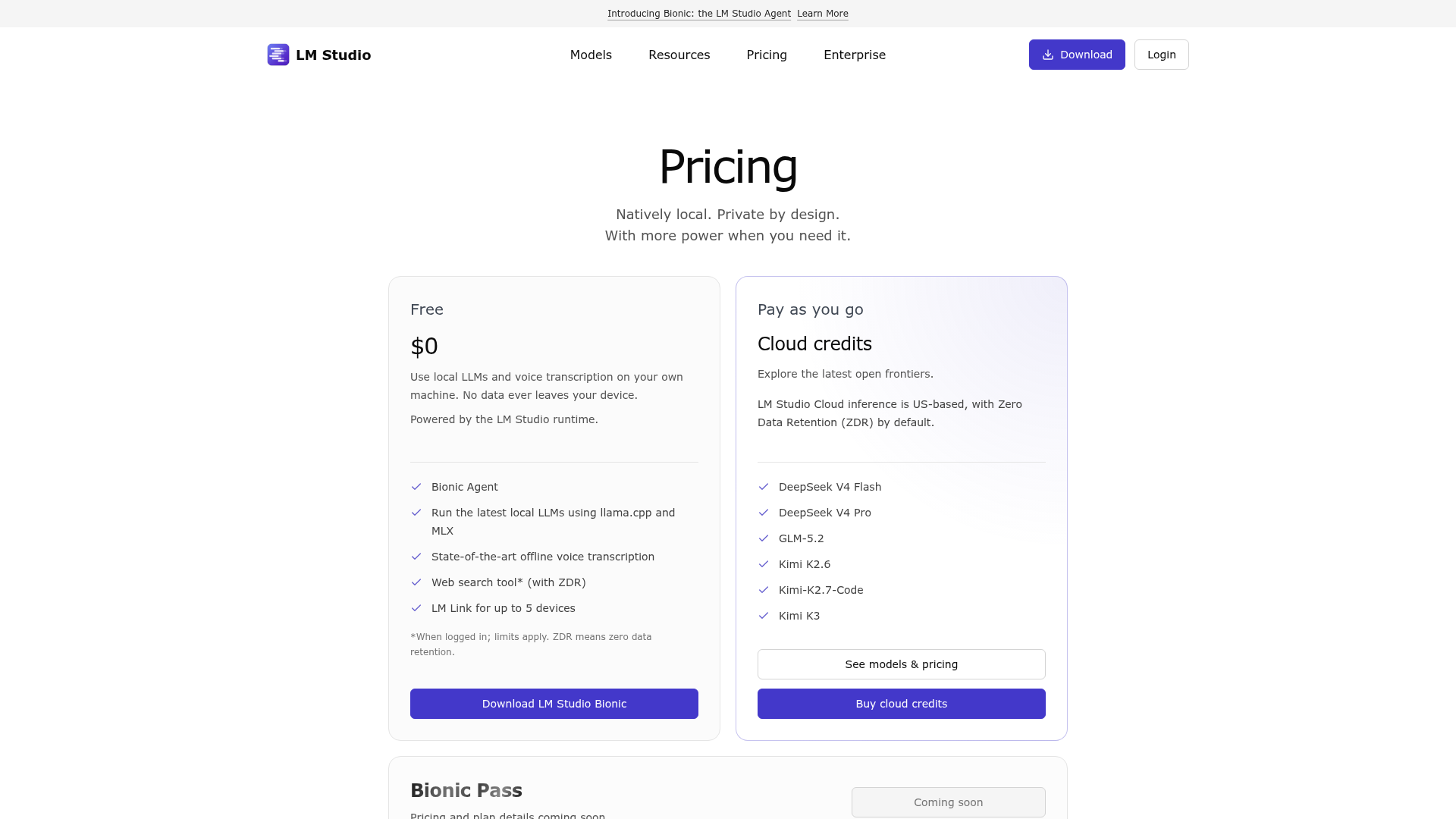 Current LM Studio pricing page for local and cloud inference