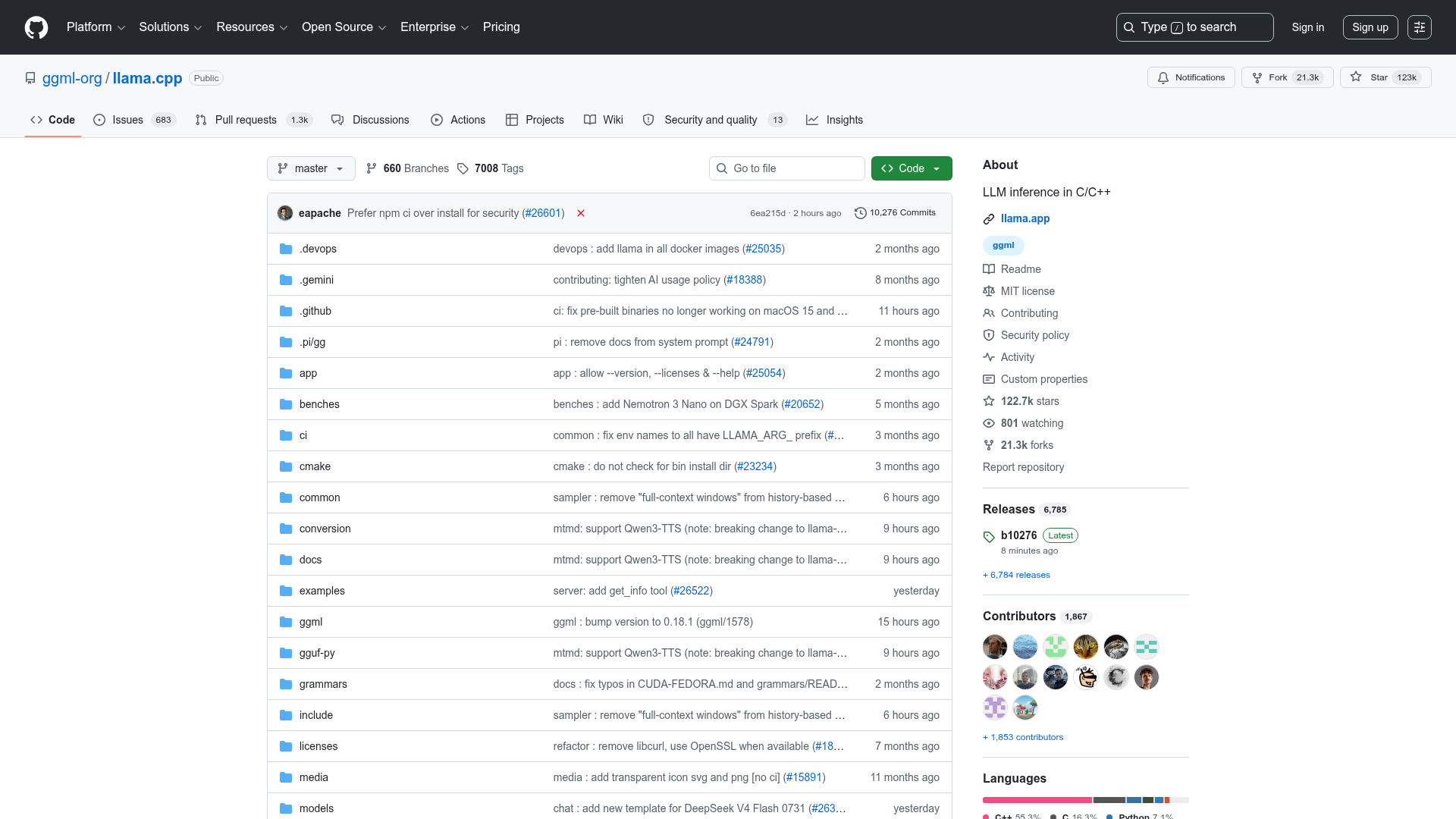 Official llama.cpp GitHub repository and supported hardware backends