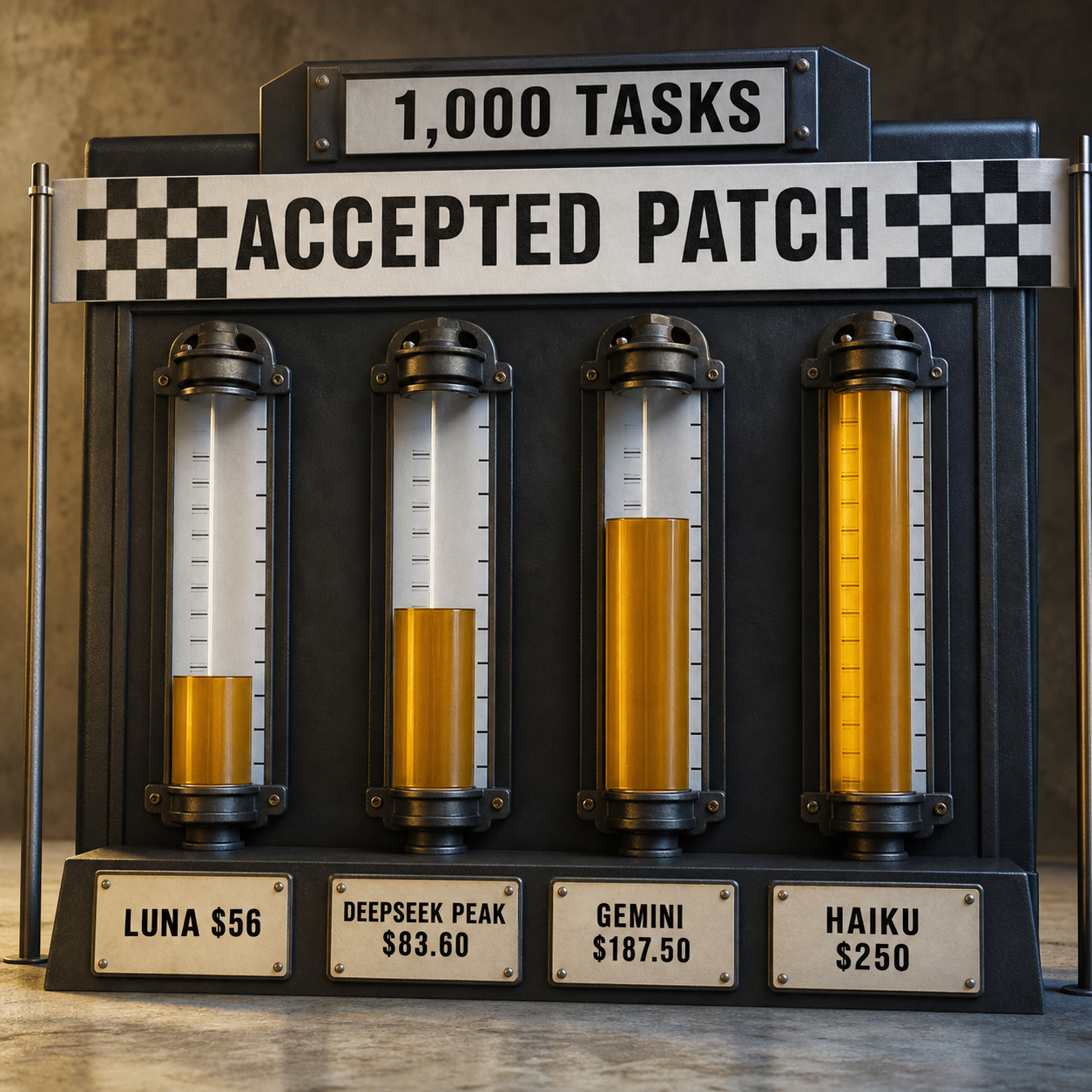 Physical timing wall comparing cost per one thousand coding-agent attempts