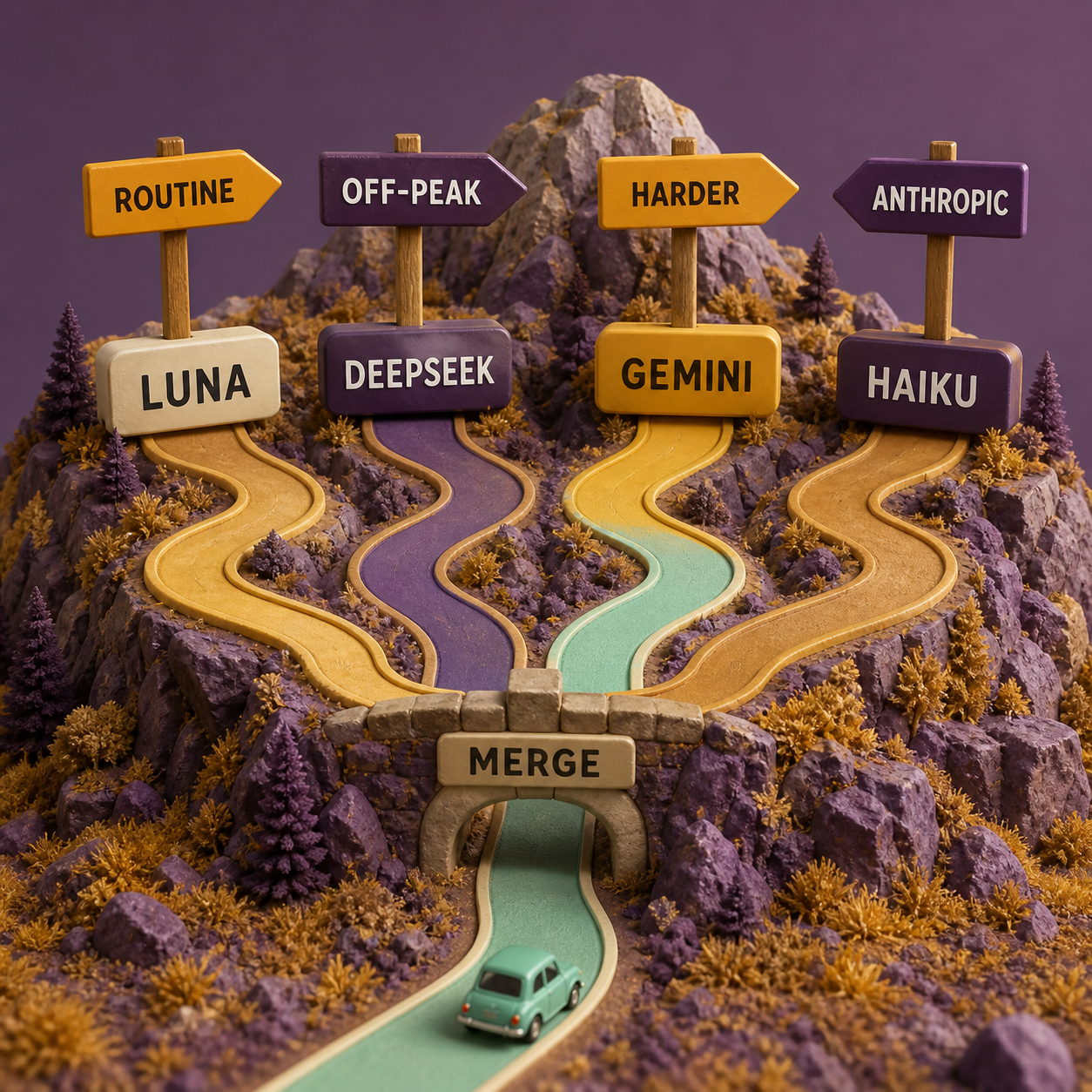 Decision route assigning routine, off-peak, harder, and Anthropic coding tasks to four models