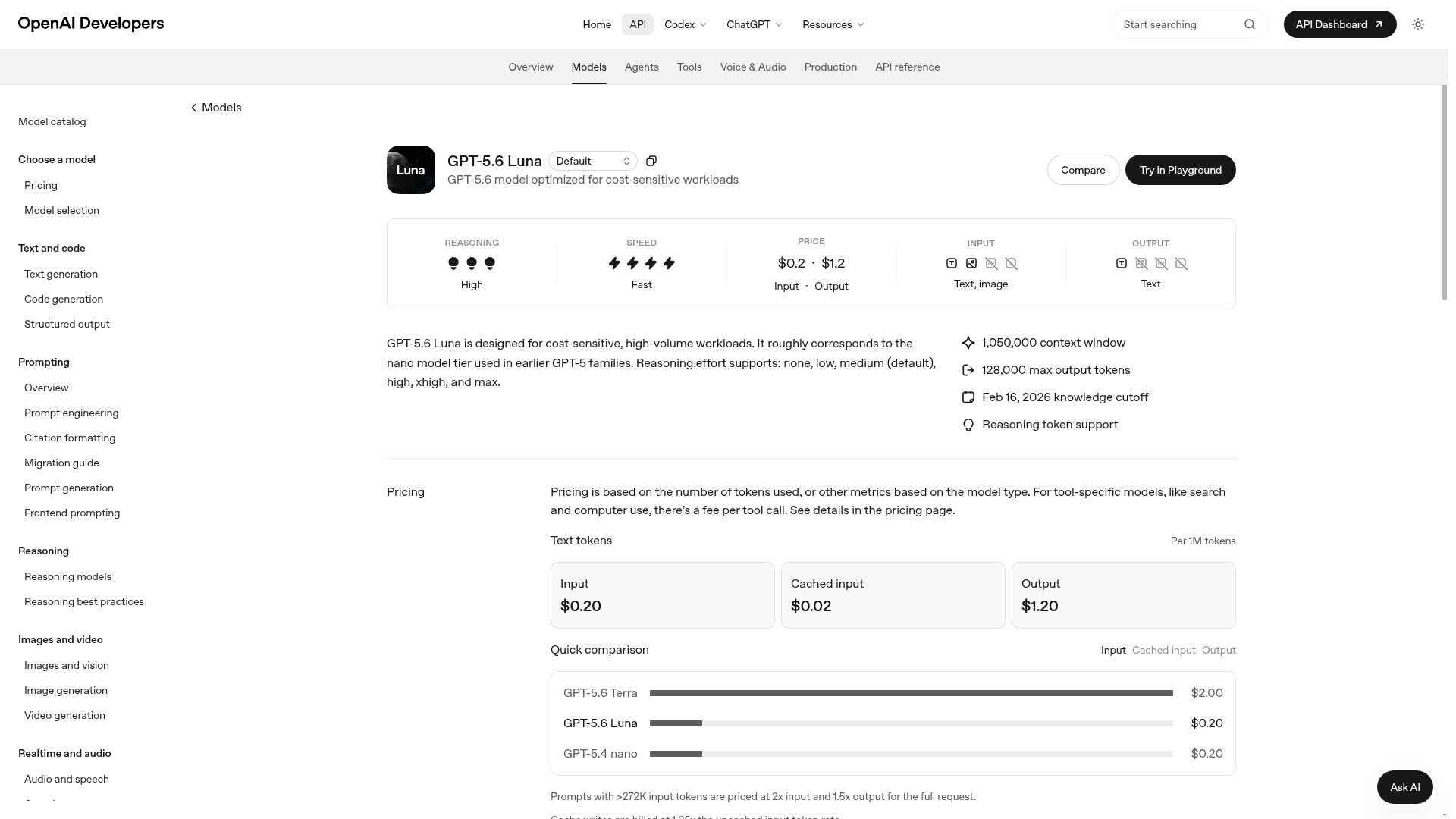 OpenAI GPT-5.6 Luna model and pricing page