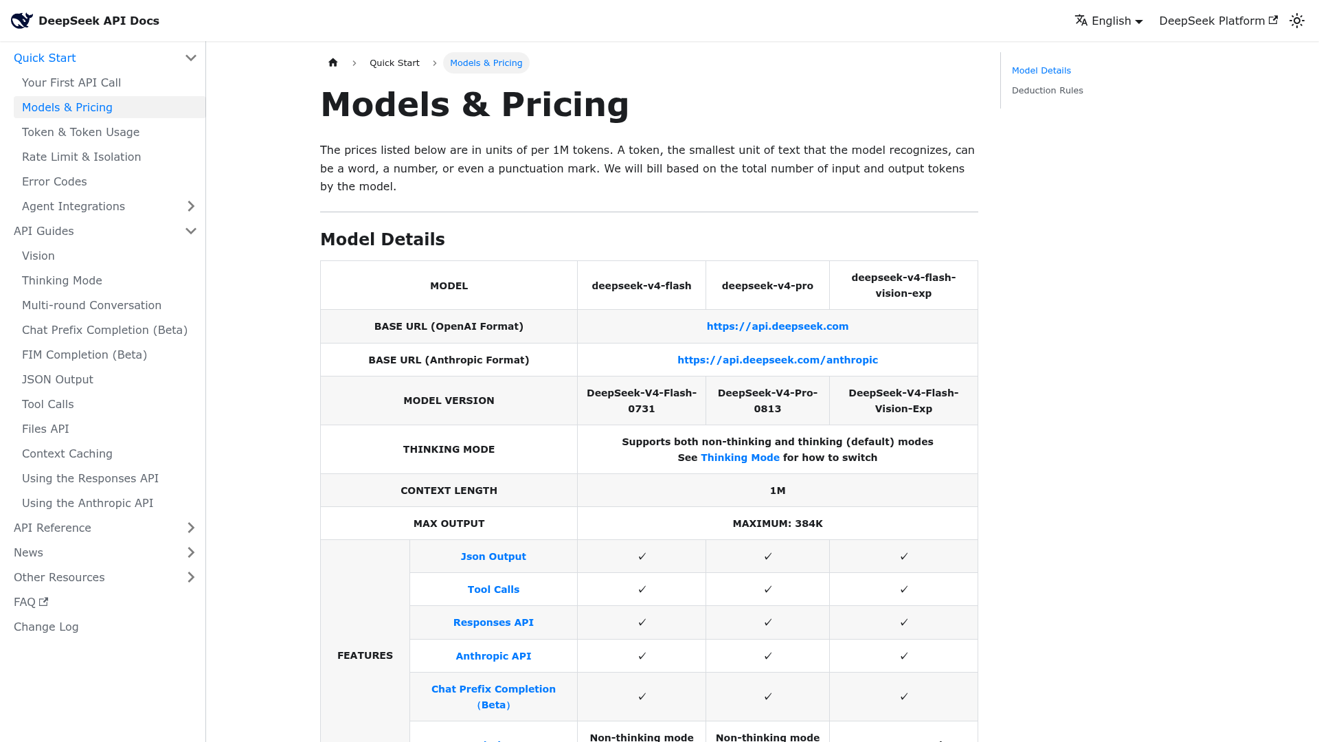 DeepSeek V4 Flash current model pricing and capability table