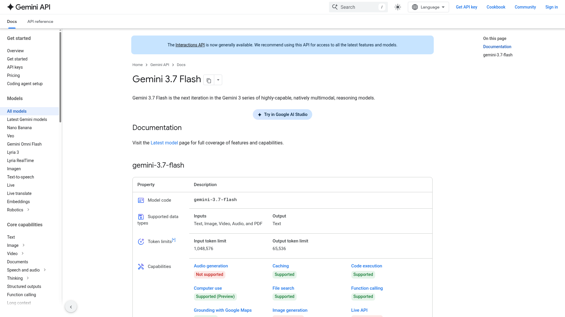Google Gemini 3.7 Flash model capabilities and limits page