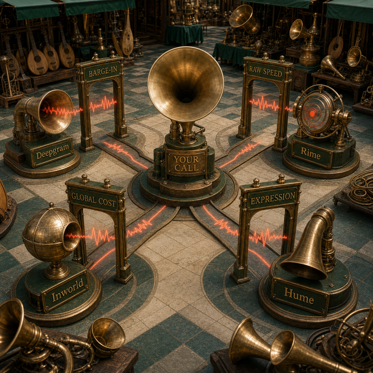 A four-way decision flow routing voice-agent requirements to Deepgram, Rime, Inworld, and Hume