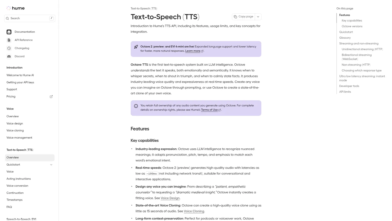 Documentation text-to-speech de Hume Octave 2