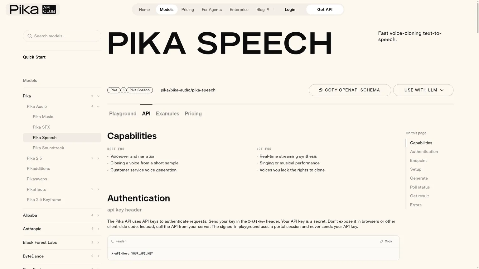 Documentation de l'API Pika Speech illustrant le fonctionnement par polling asynchrone