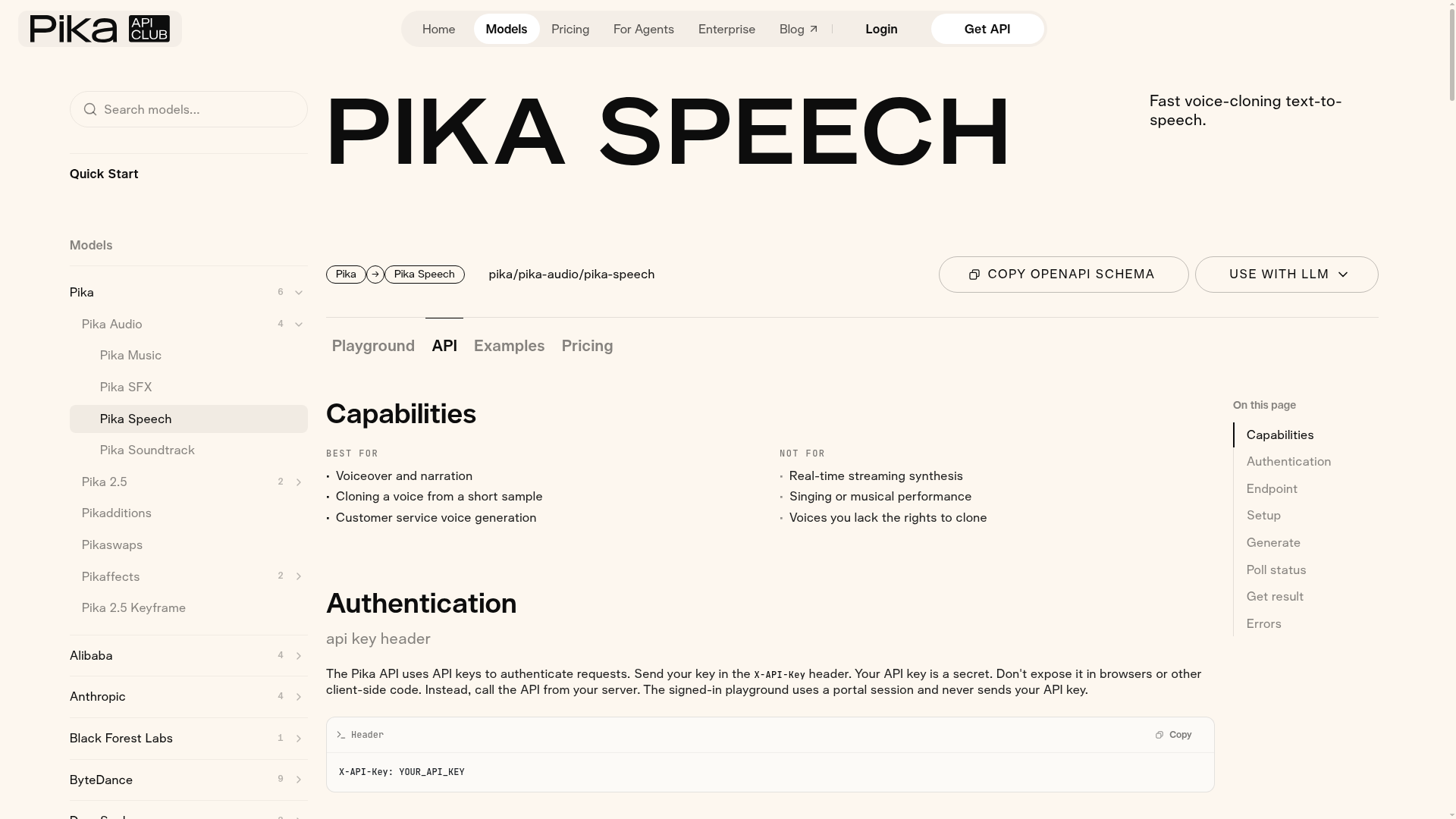 Pika Speech API documentation showing asynchronous job polling
