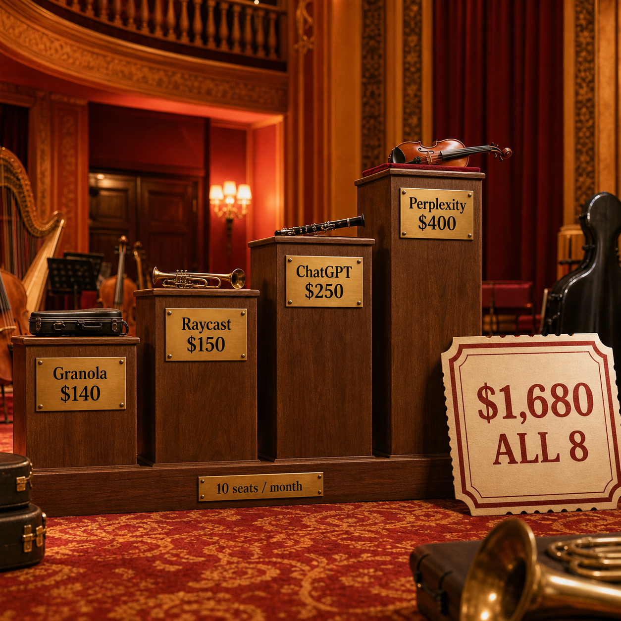 Ten-seat monthly costs for Granola, Raycast, ChatGPT, Perplexity and the all-eight ceiling