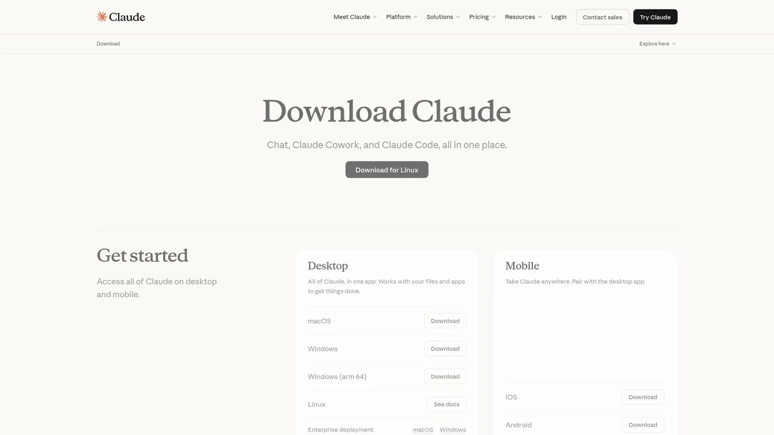 Aplicativo desktop do Claude com chat, Cowork e Claude Code