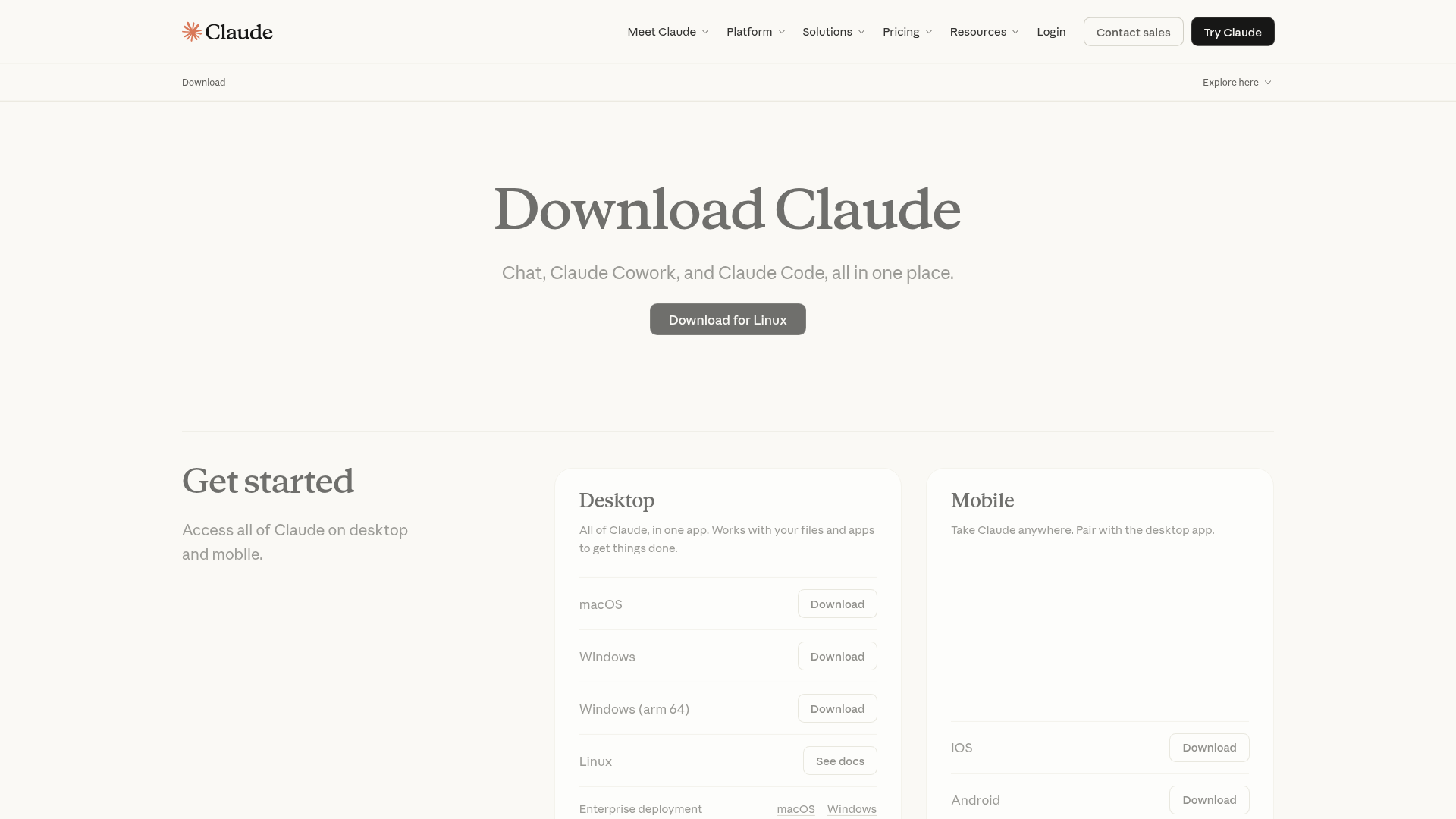 Claude desktop app for chat, Cowork and Claude Code