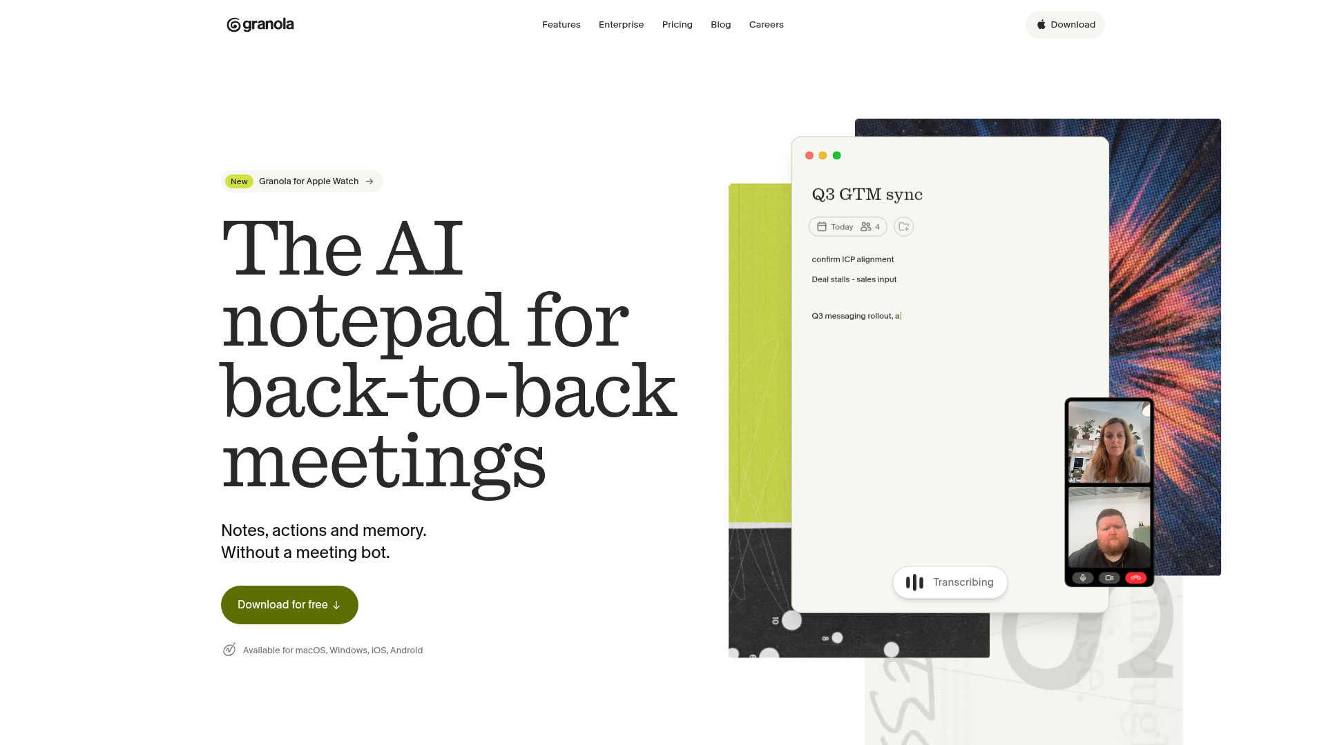 Granola meeting notes and actions on desktop